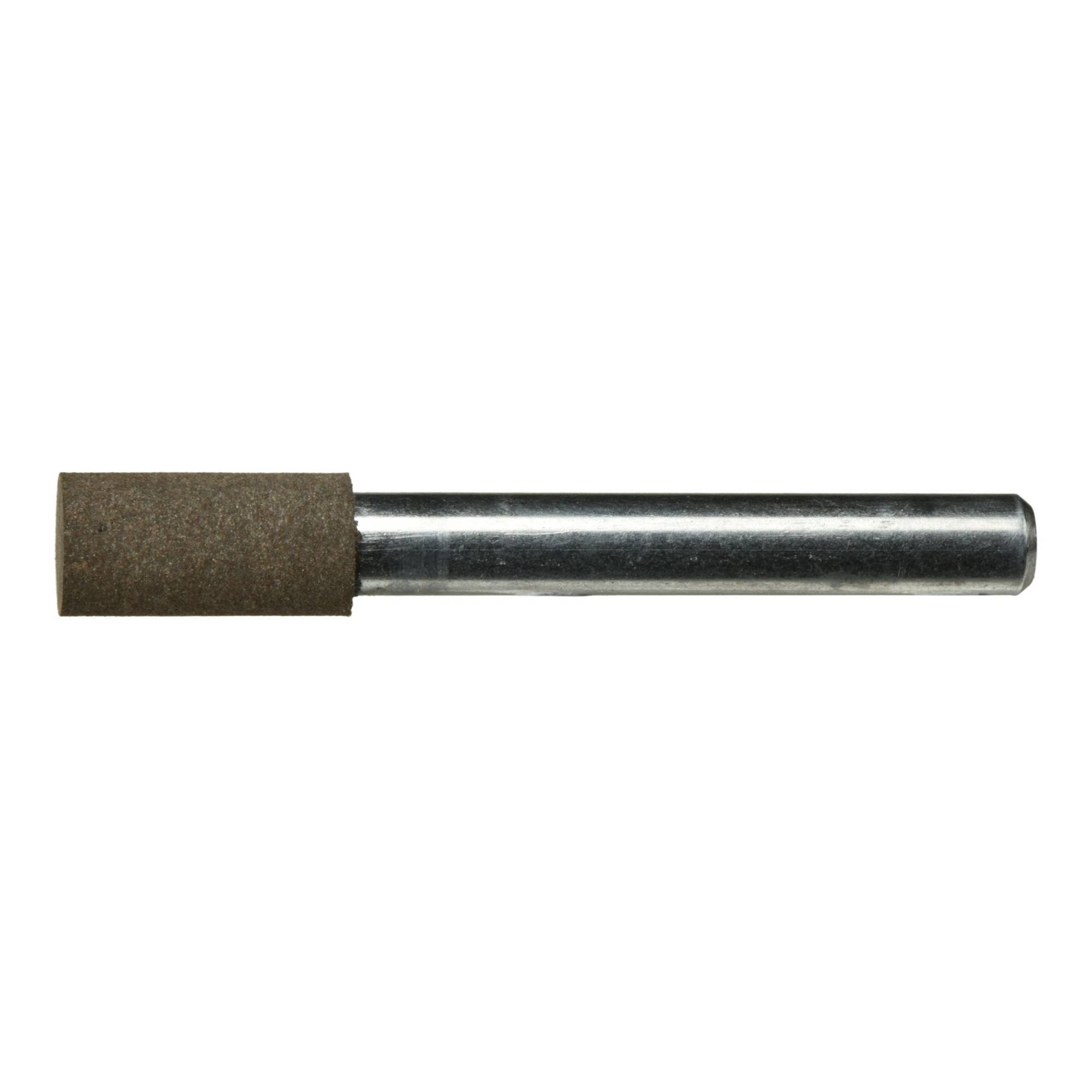 Ein zylindrischer Schleifwerkzeug mit einem Metallschaft und einer braunen Schleifoberfläche, verwendet zum Schleifen oder Glätten von Materialien.