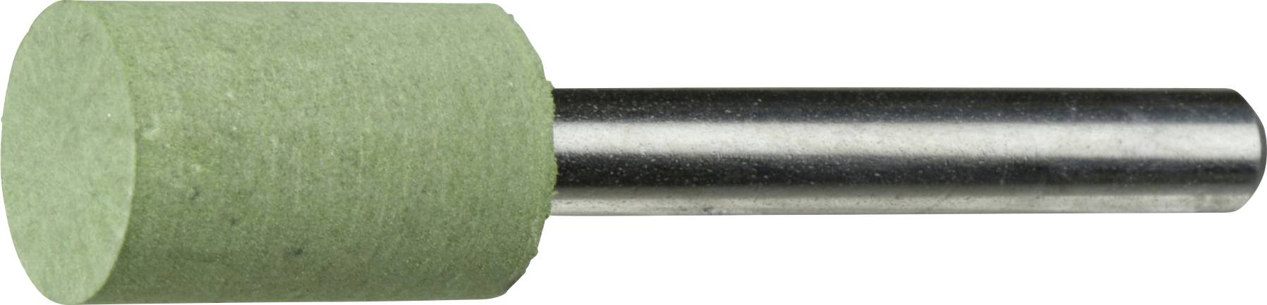 Ein zylindrischer Schleifwerkzeug mit einem grünen Schleifkopf und einem Metallschaft, verwendet zum Polieren oder Glätten von Oberflächen.