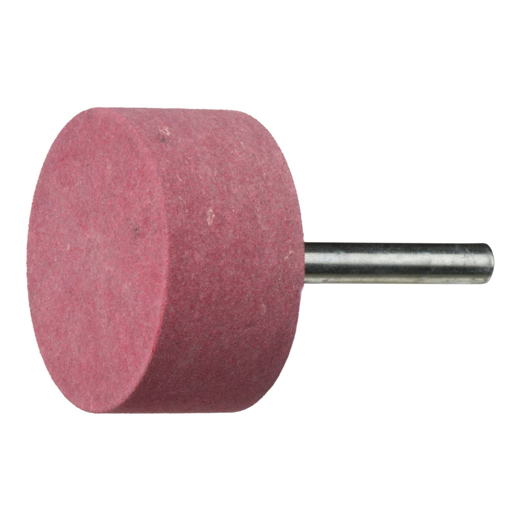 Ein zylindrischer, rosa Schleifstein mit einem Metallschaft, der zum Glätten und Schleifen von Oberflächen verwendet wird.