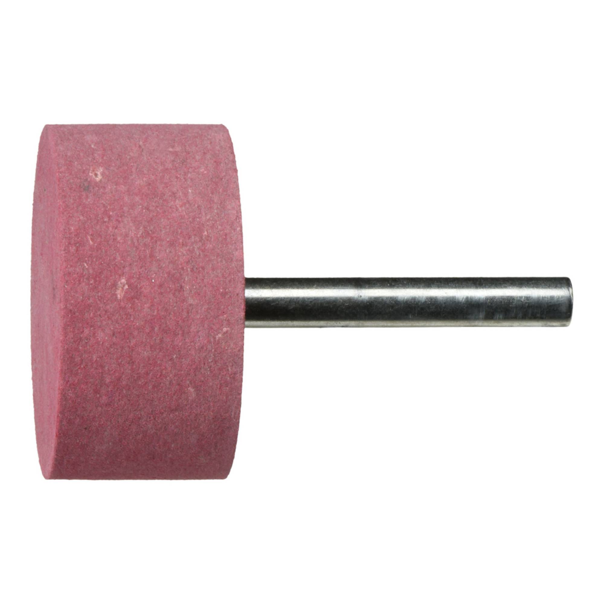 Ein rosa zylindrischer Schleifstein mit einem Metallschaft zum Polieren oder Schärfen. Der Stein hat eine glatte Oberfläche und eine gleichmäßige Textur.