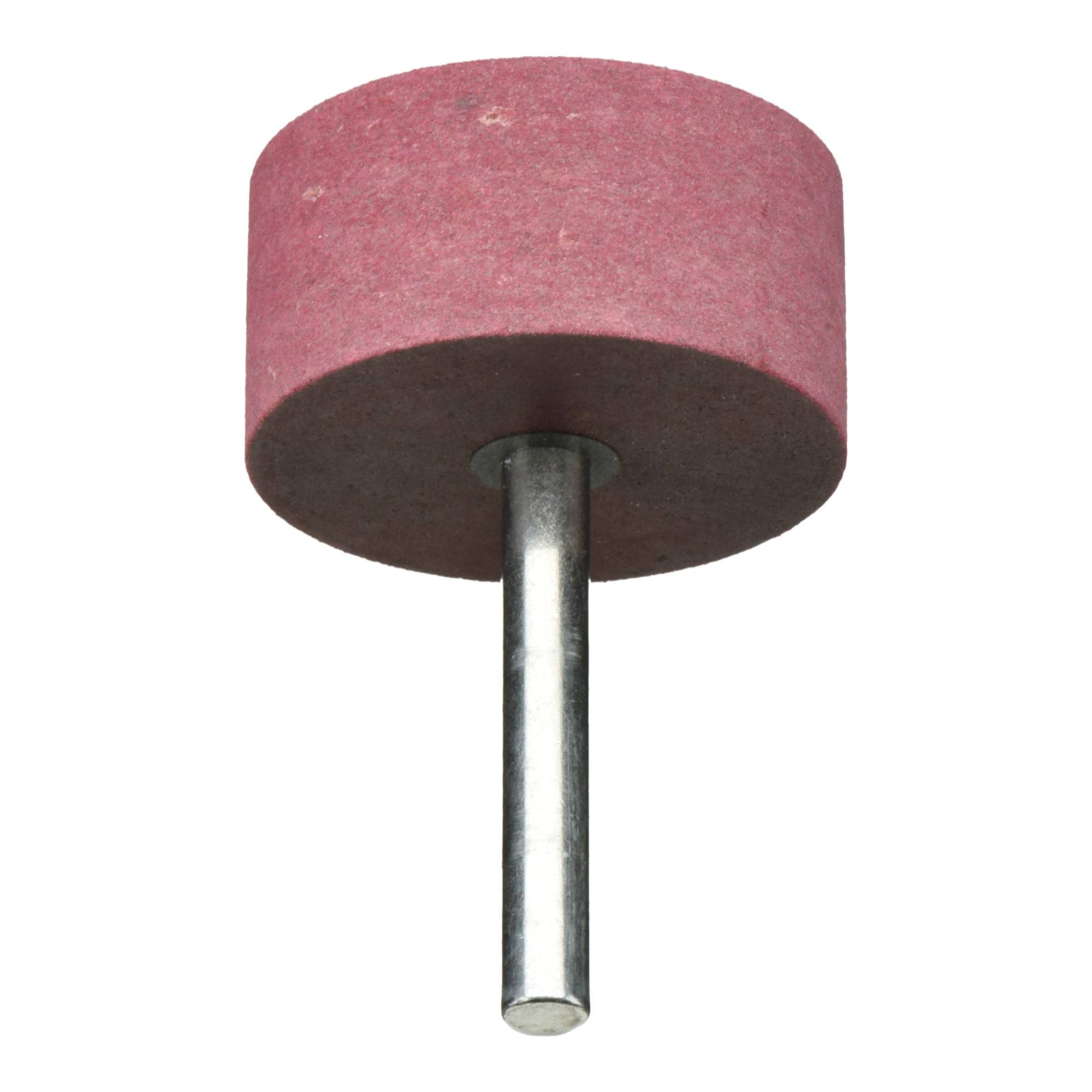Schleifscheibe mit einer zylindrischen, pinkfarbenen Schleifoberfläche und einer silbernen Metallachse, verwendet zur Materialentfernung in Maschinen oder Werkzeugen.