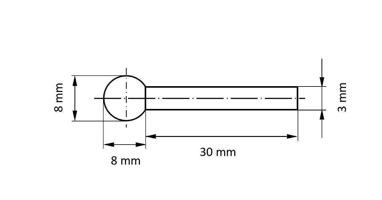 Technische Zeichnung eines Stabes mit kreisförmigem Kopf. Kopfdurchmesser beträgt 8 mm, Stablänge 30 mm und Stabbreite 3 mm.