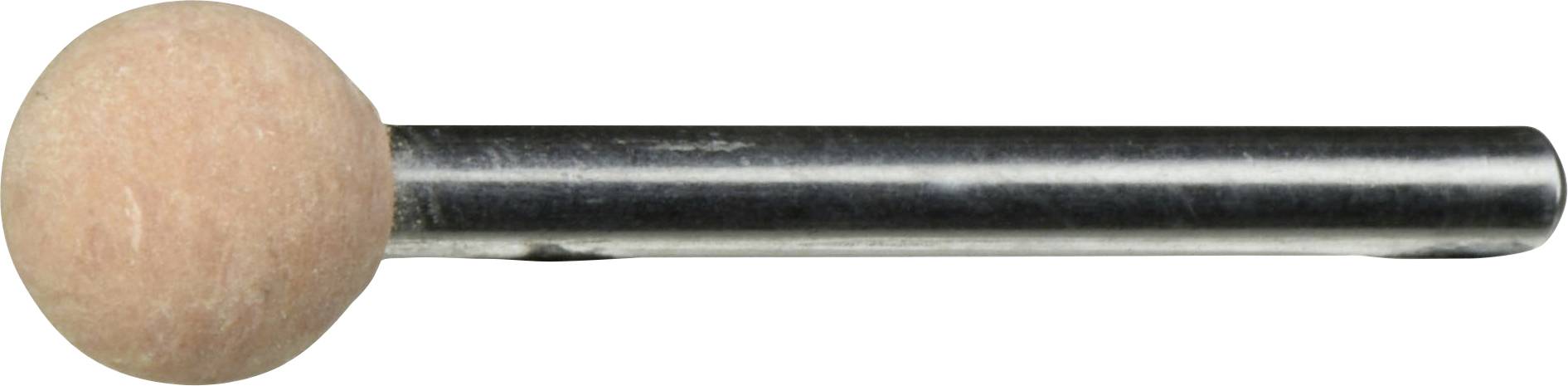 Ein Werkzeug mit einem runden, rosa Schleifsteinkopf, der an einem metallischen zylindrischen Griff befestigt ist, das zum Polieren oder Schleifen von Oberflächen verwendet wird.