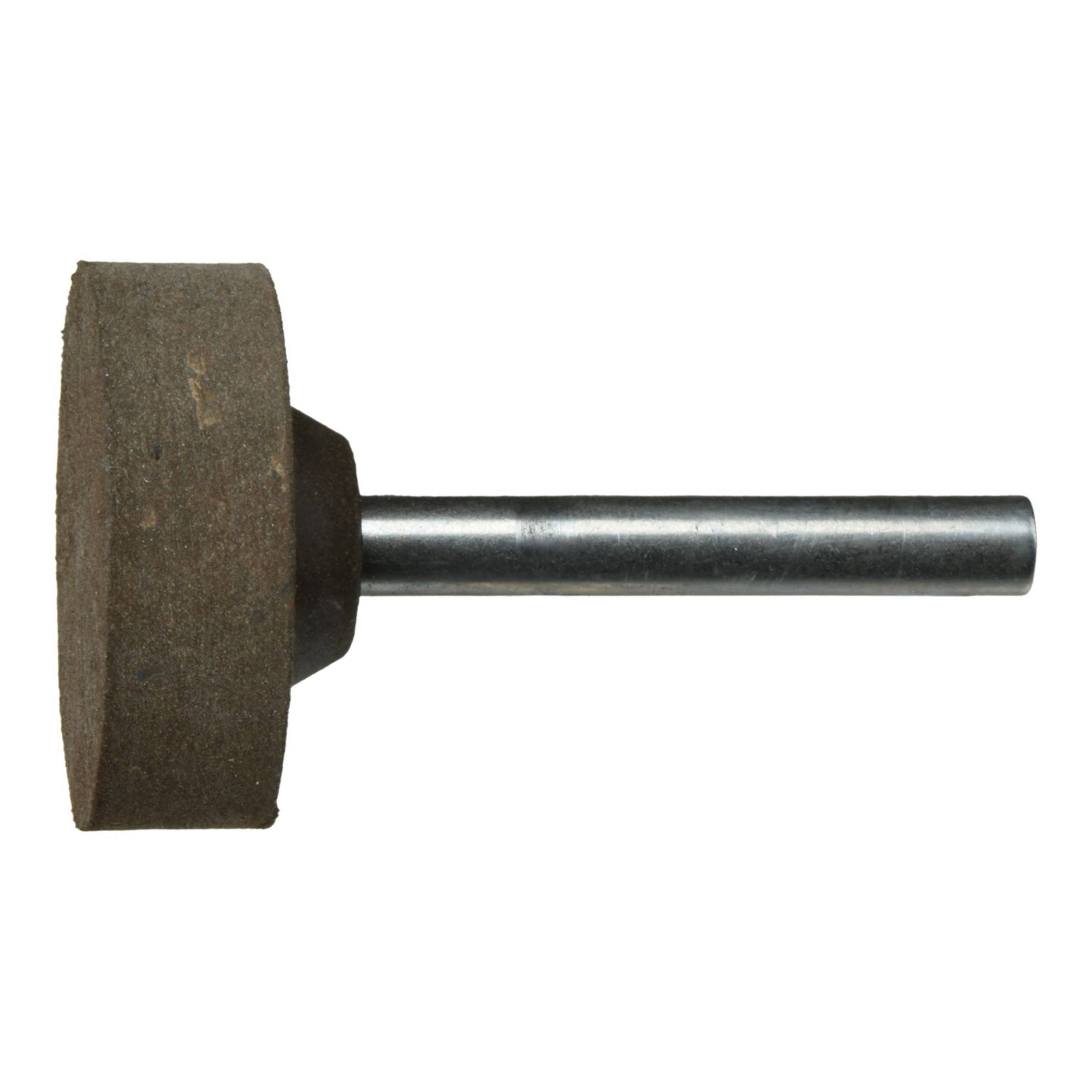 Ein zylindrischer Schleifstein mit einem Metallschaft, der zum Schärfen oder Polieren von Oberflächen verwendet wird, präsentiert auf einem weißen Hintergrund.