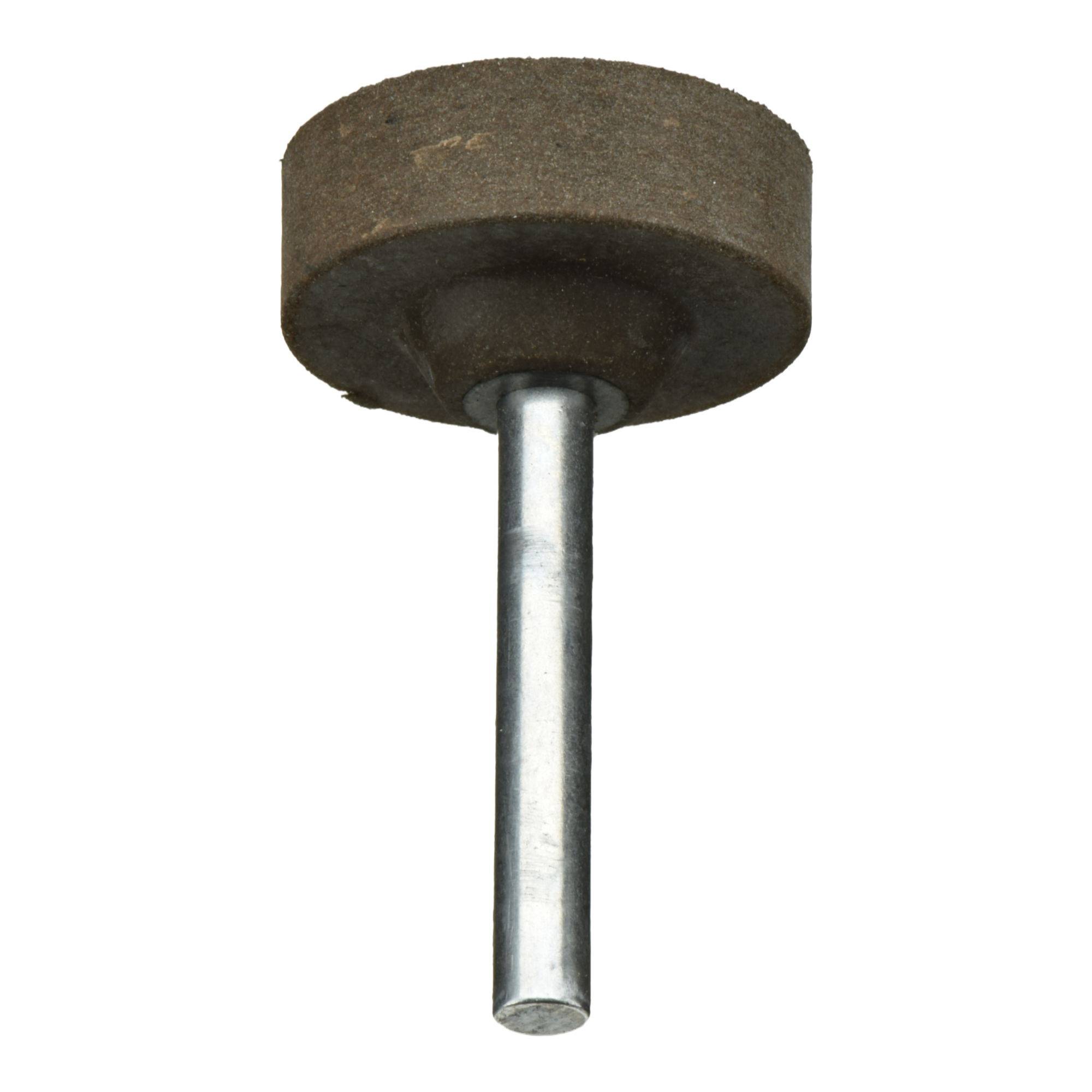 Ein zylindrischer Schleifstein mit einer Metallachse, der häufig zum Schärfen oder Glätten von Oberflächen in der Metallbearbeitung und bei DIY-Projekten verwendet wird.