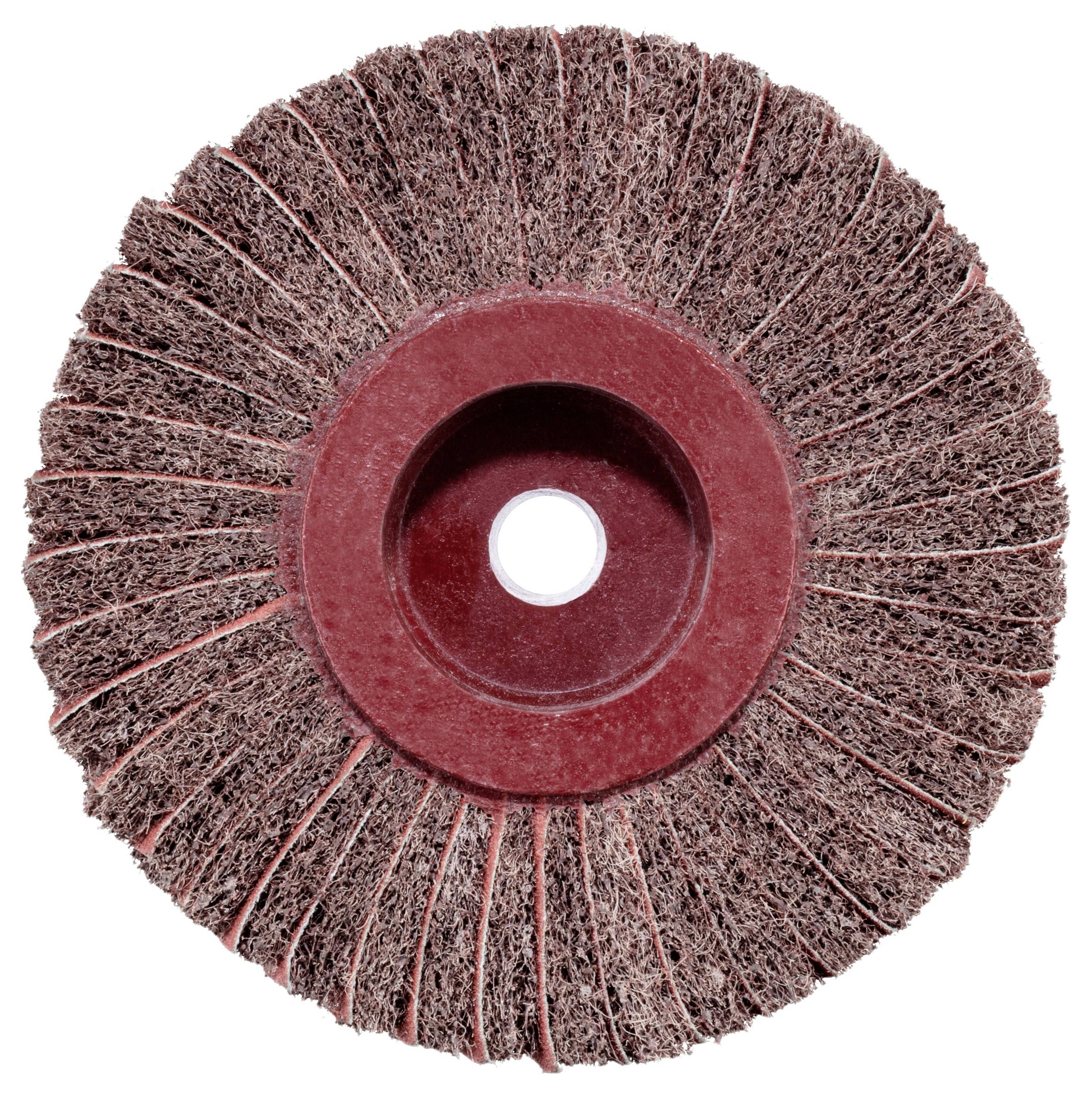Eine rot-braune kreisförmige Schleifbürste mit Borsten, die vom Zentrum aus abstrahlen und zum Polieren oder Schleifen von Oberflächen verwendet wird.