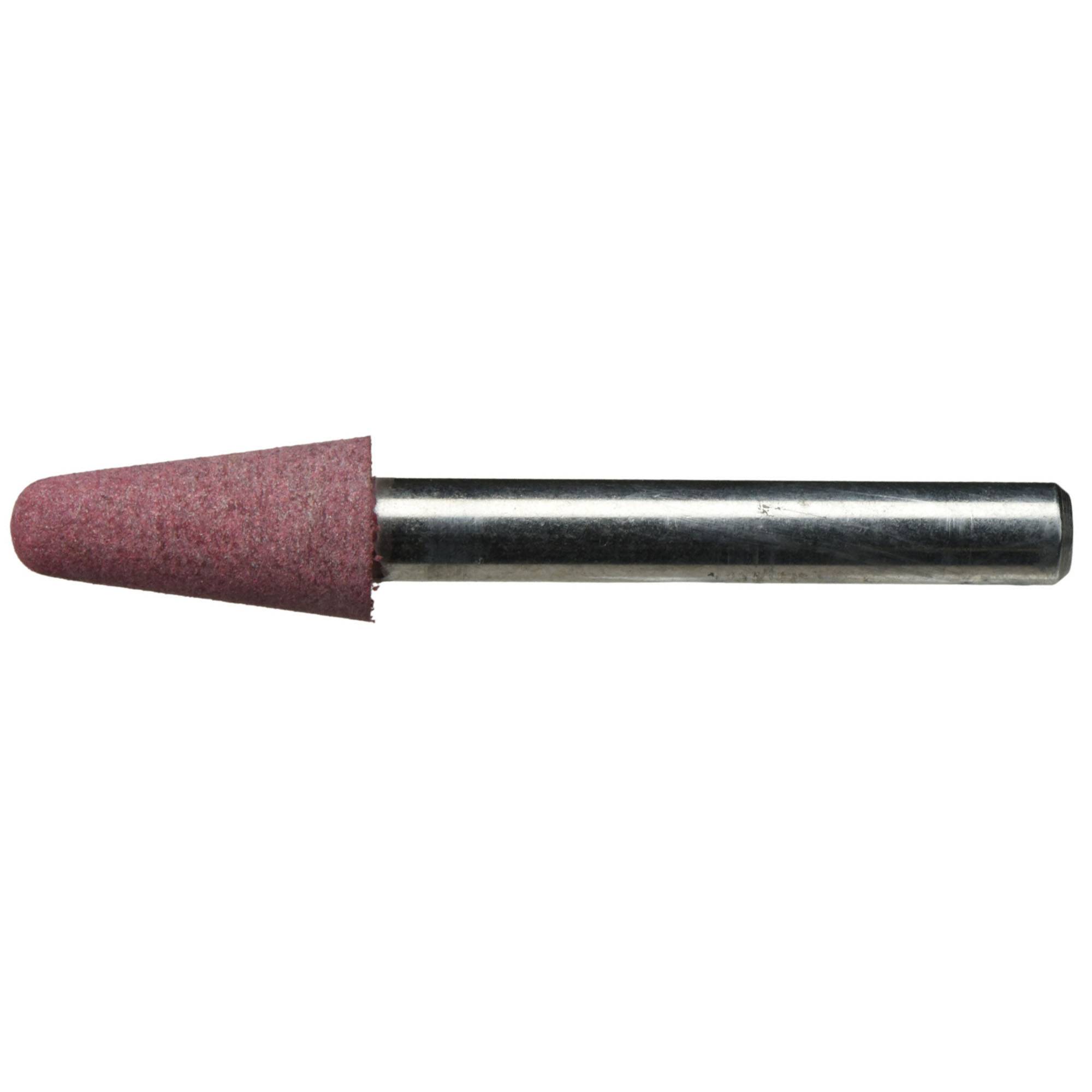 Ein zylindrischer Metalleinsatz mit einer rosa konischen Schleifspitze zum Schleifen oder Schärfen von Oberflächen.