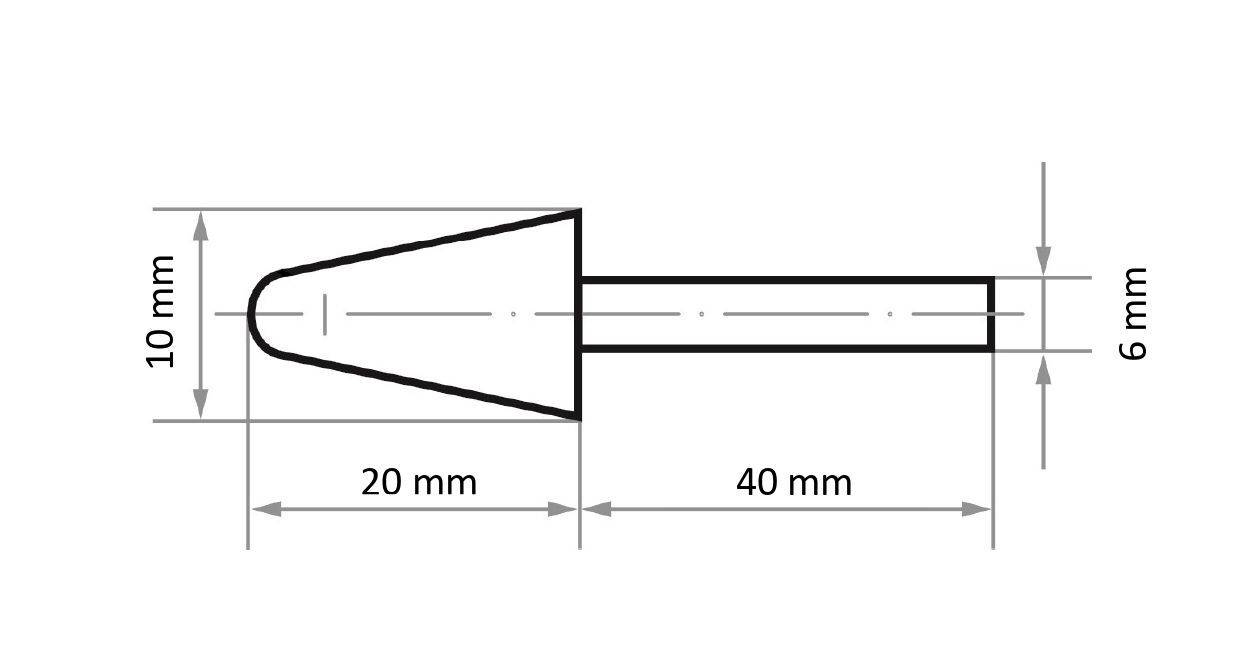 Eine technische Zeichnung eines zylindrischen Objekts mit abgerundeter Endung; Abmessungen sind 10 mm x 20 mm für den Kopf, 40 mm Länge, 6 mm Durchmesser.