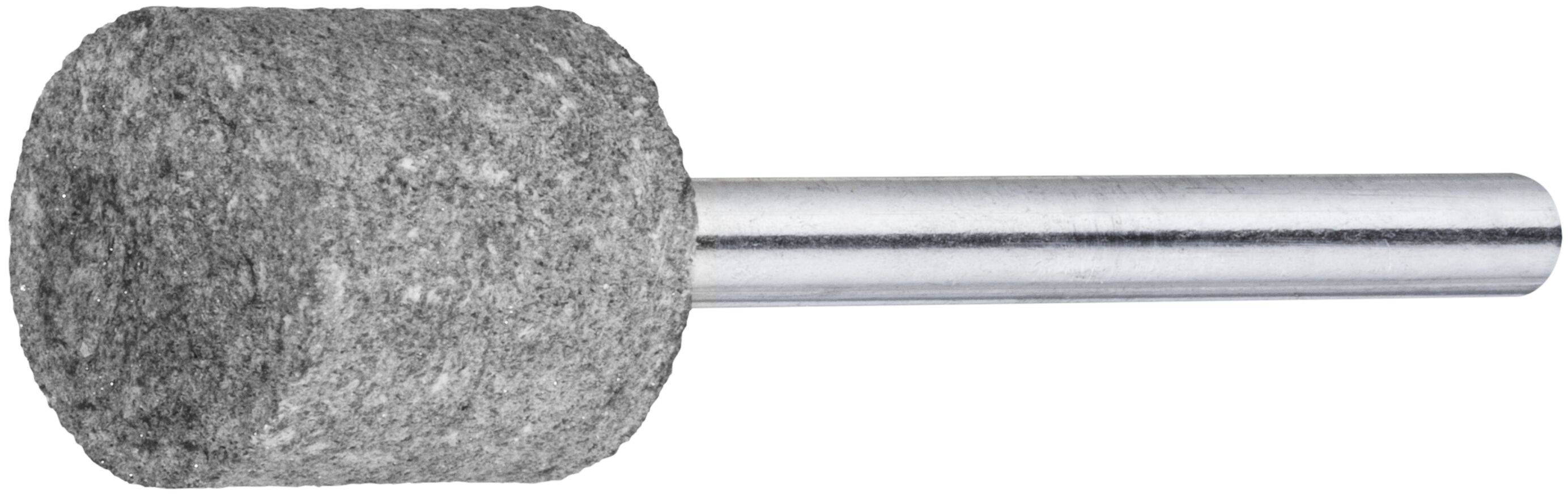 Grauer zylindrischer Schleifstein, der an einer Metallstange befestigt ist und zum Schärfen oder Formen von Werkzeugen verwendet wird.