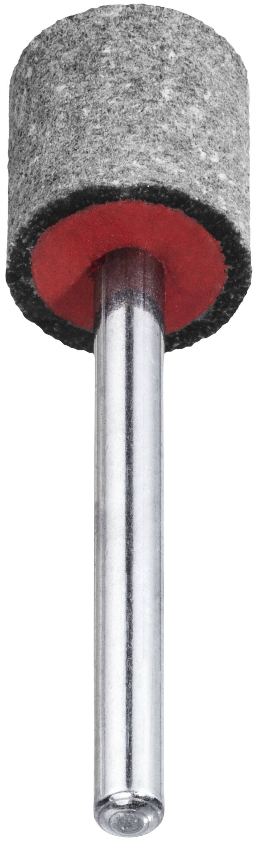 Ein zylindrischer Metallwerkzeugschaft mit einem Schleifstein an einem Ende, der zum Schleifen oder Polieren von Oberflächen verwendet wird und einen glatten Metallschaft besitzt.