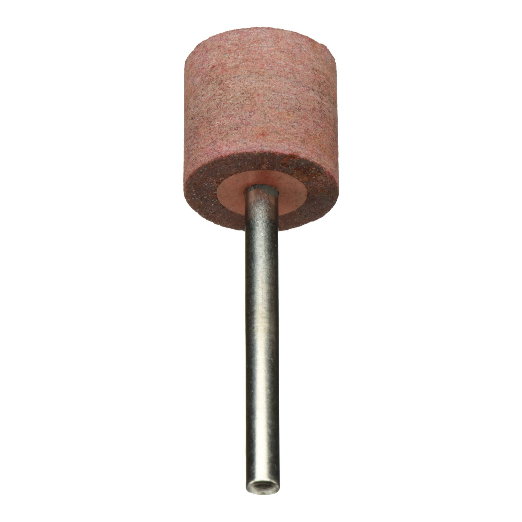 Ein zylindrischer rosa Schleifstein mit einem Metallschaft, der zum Schärfen oder Glätten von Oberflächen verwendet wird.