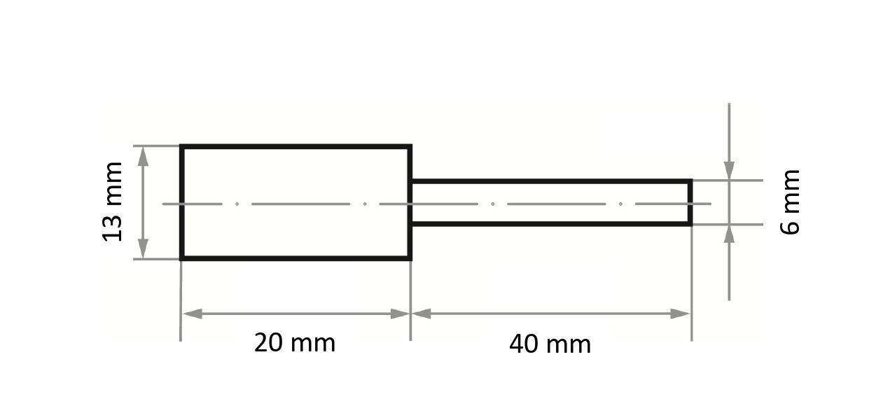 Eine technische Zeichnung eines rechteckigen Blocks mit einer zylindrischen Erweiterung rechts. Block: 13 mm x 20 mm; Erweiterung: 6 mm Durchmesser, 40 mm lang.