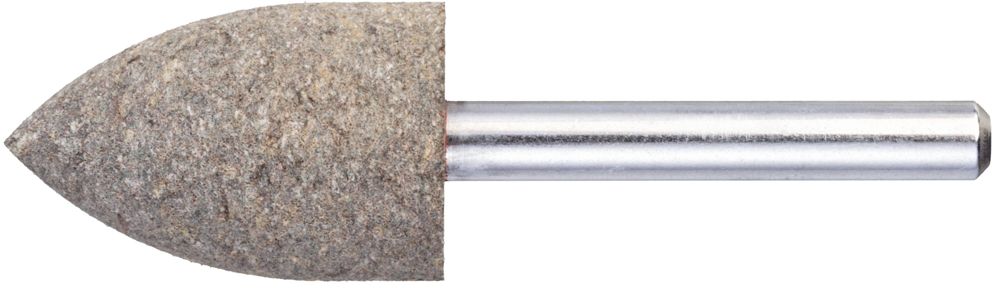 Schleifstein mit einer konischen Spitze, die an einer Metallachse befestigt ist, zum Formen oder Glätten von Oberflächen.