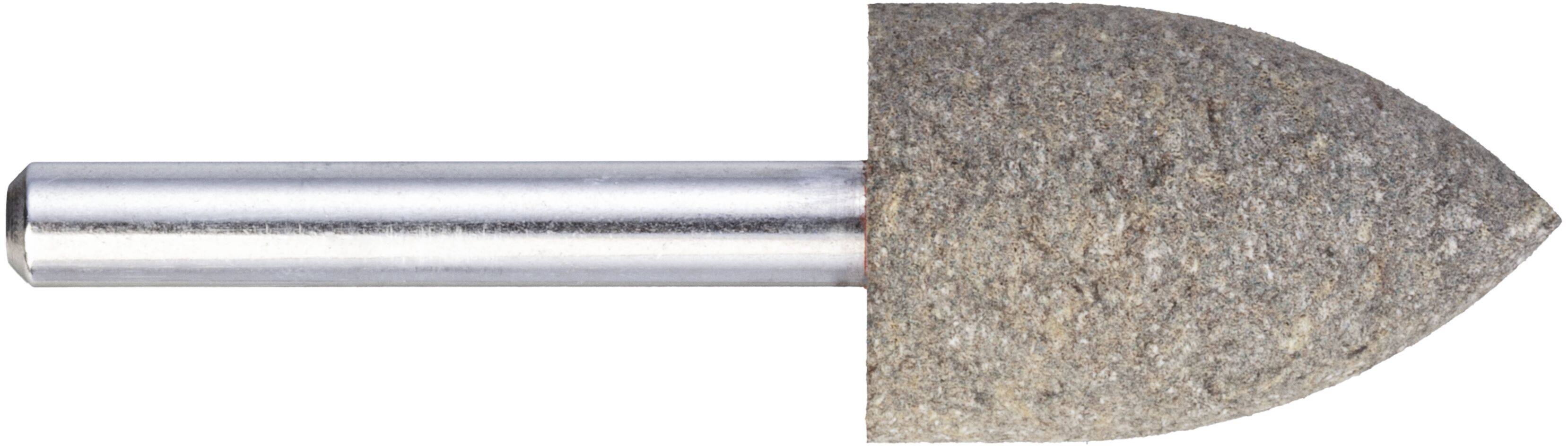 Ein Schleifstein mit einem Metallschaft, der eine konische, abgerundete Spitze aus grober, grauer Materialstruktur aufweist und zum Formen oder Glätten von Oberflächen verwendet wird.