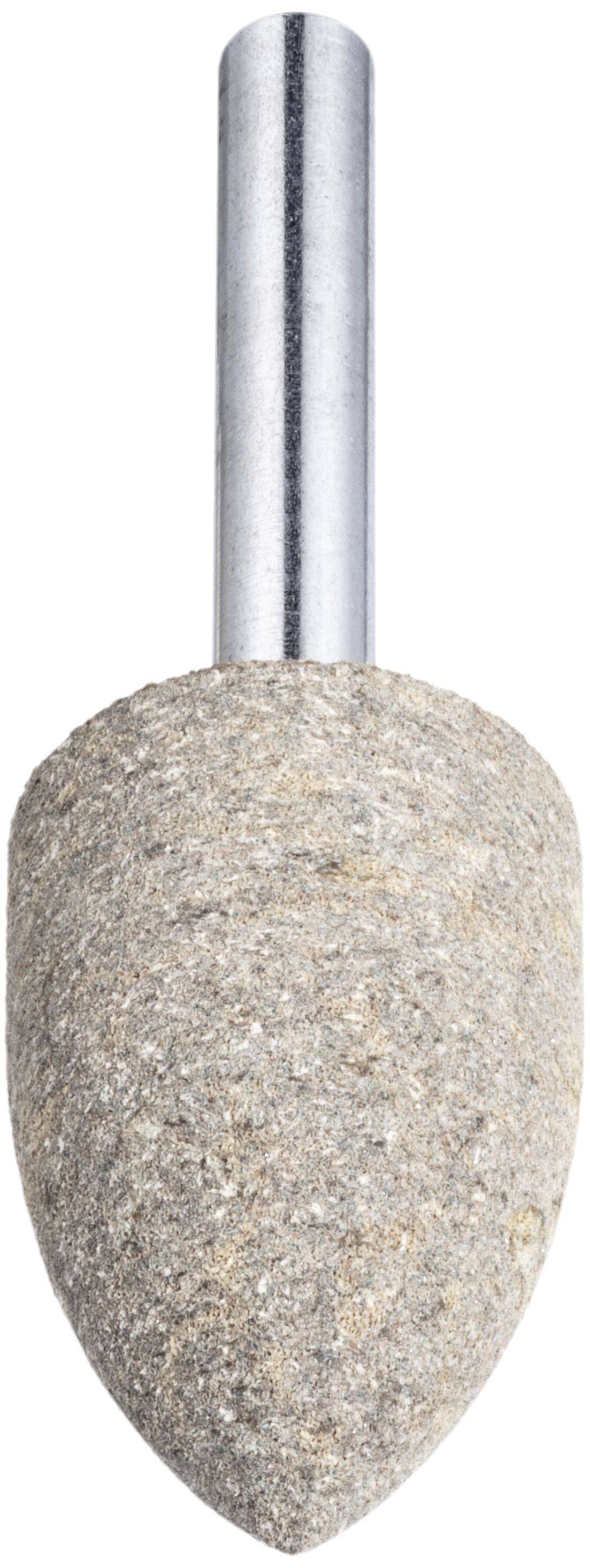 Ein zylindrischer Schleifstein mit einer spitzen Spitze, der an einer Metallachse befestigt ist, wird zum Schärfen oder Glätten von Oberflächen verwendet.