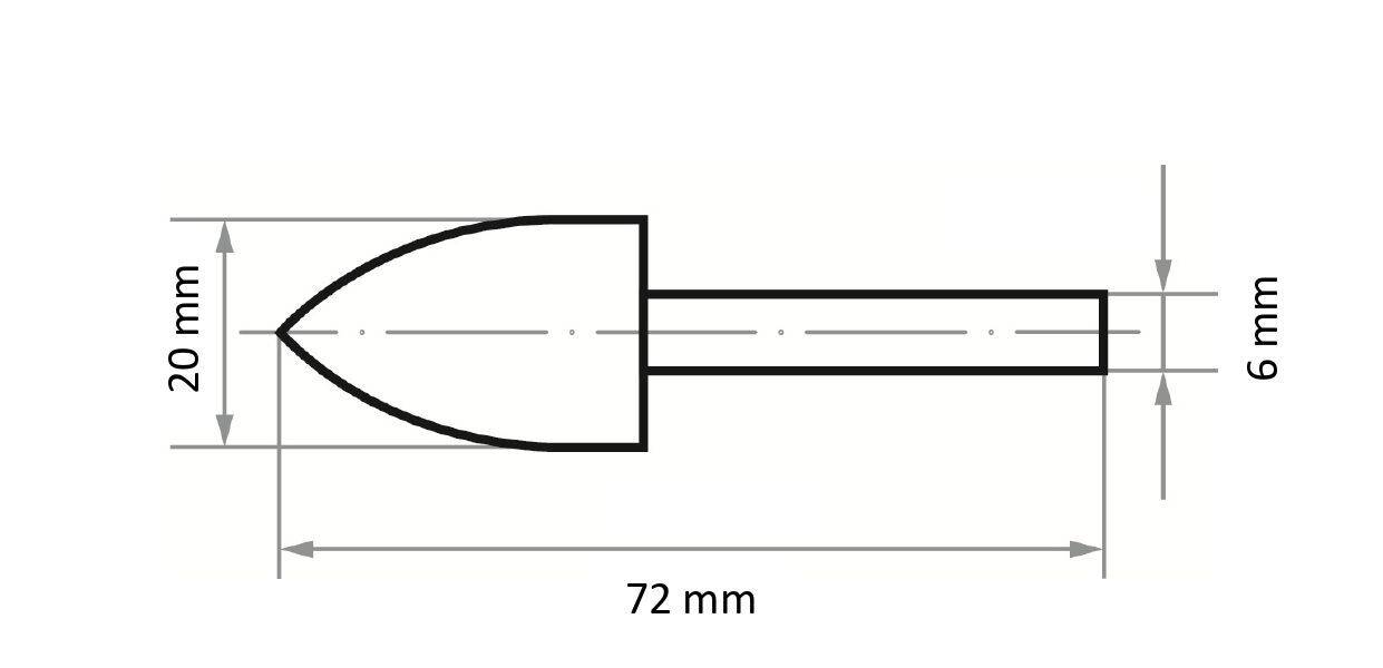 Technische Zeichnung eines spitzen Kegels, der an einem zylindrischen Stab befestigt ist, mit Maßangaben: Kegel 20 mm hoch, Stab 6 mm breit, Gesamtlänge 72 mm.