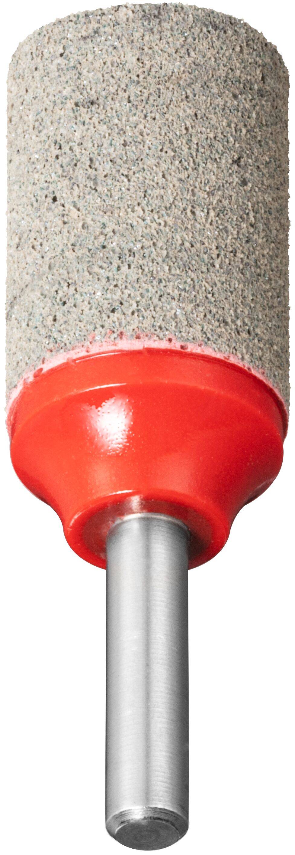 Ein zylindrischer Schleifstein mit strukturierter Oberfläche, der an einer Metallachse befestigt ist und zum Schärfen oder Glätten von Oberflächen verwendet wird.