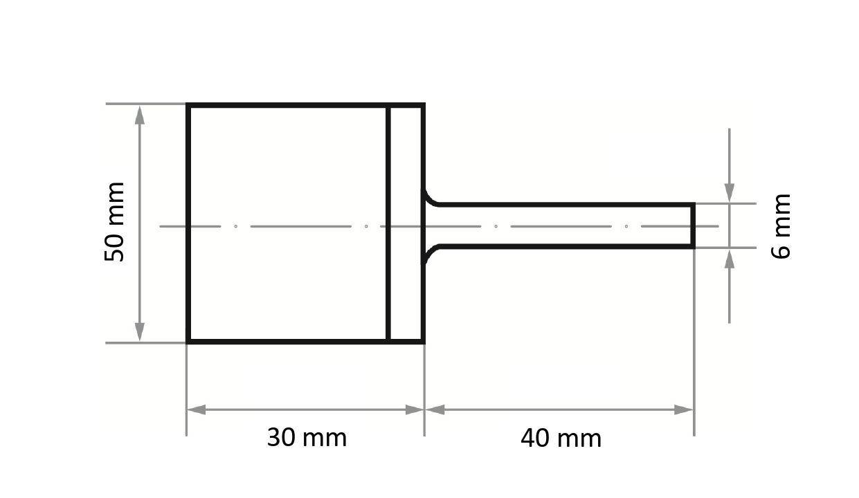 Eine technische Zeichnung eines zylindrischen Objekts mit 50 mm Höhe, 30 mm Durchmesser im Querschnitt und angesetztem 40 mm langem, 6 mm dicken Griff.