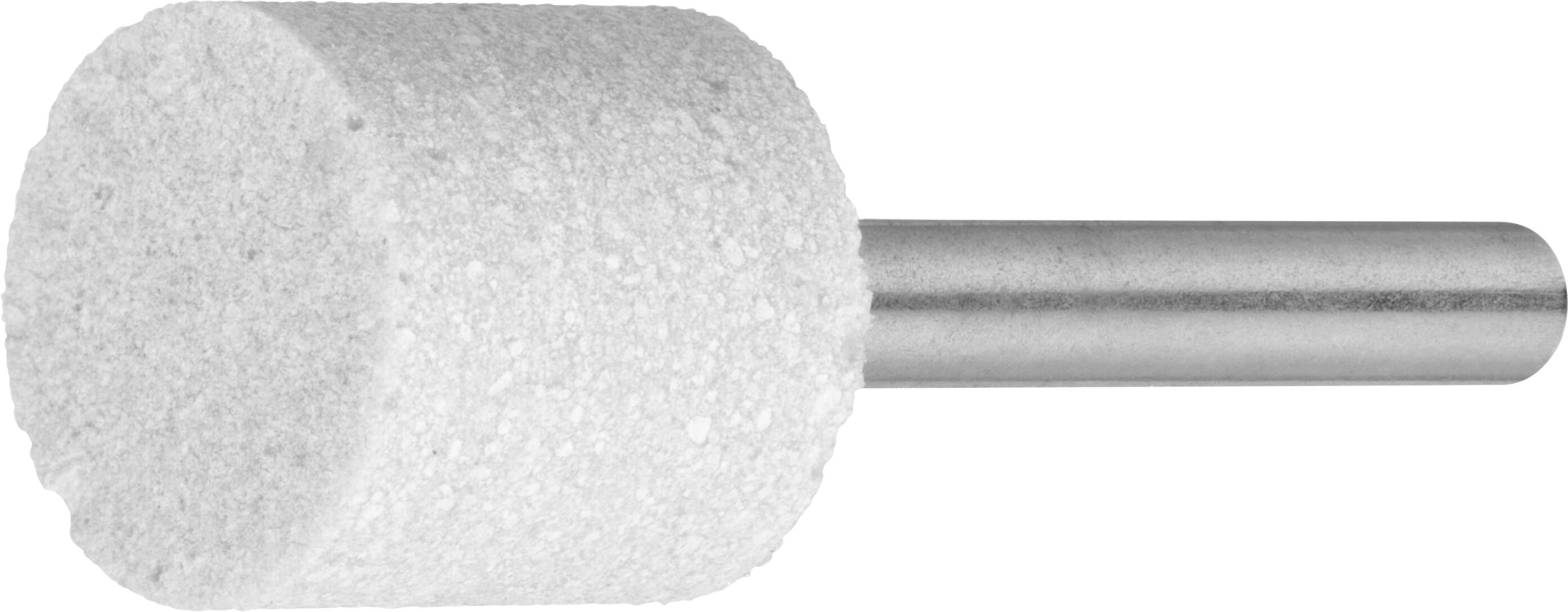 Ein zylindrischer weißer Schleifstein mit einem Metallschaft, der zum Schleifen oder Polieren von Oberflächen verwendet wird.