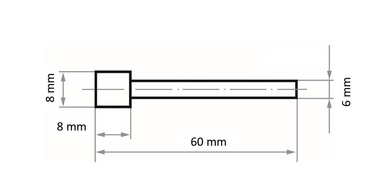 Eine technische Zeichnung eines Bolzens mit Maßen: Quadratischer Kopf 8x8 mm, Schaftlänge 60 mm und Schaftdurchmesser 6 mm.