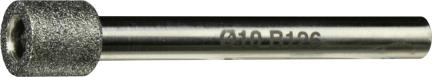 Ein zylindrischer Metalltool mit einer strukturierten, abrasiven Spitze und eingraviertem Text 'Ø10 B106' an der Seite, höchstwahrscheinlich für Präzisionsschliff verwendet.