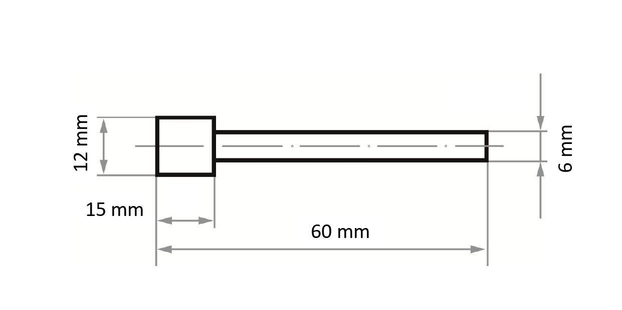 Technische Zeichnung eines zylindrischen Objekts mit quadratischer Grundfläche; 12 mm Höhe, 15 mm Breite an der Basis, 60 mm Länge, 6 mm Breite an der Spitze.