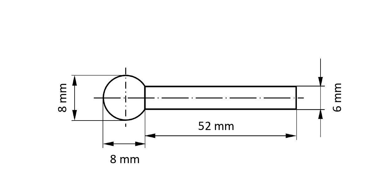 Eine mechanische Zeichnung eines zylindrischen Objekts, 52 mm lang mit einem kreisförmigen Ende, 8 mm Durchmesser. Die Schaftdicke beträgt 6 mm.