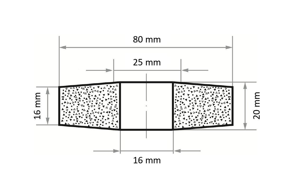 Querschnittsdiagramm eines konisch zulaufenden Betonträgers, 80 mm lang, mit variabler Breite: 16 mm an der Basis, 25 mm in der Mitte, 16 mm an der Oberseite.