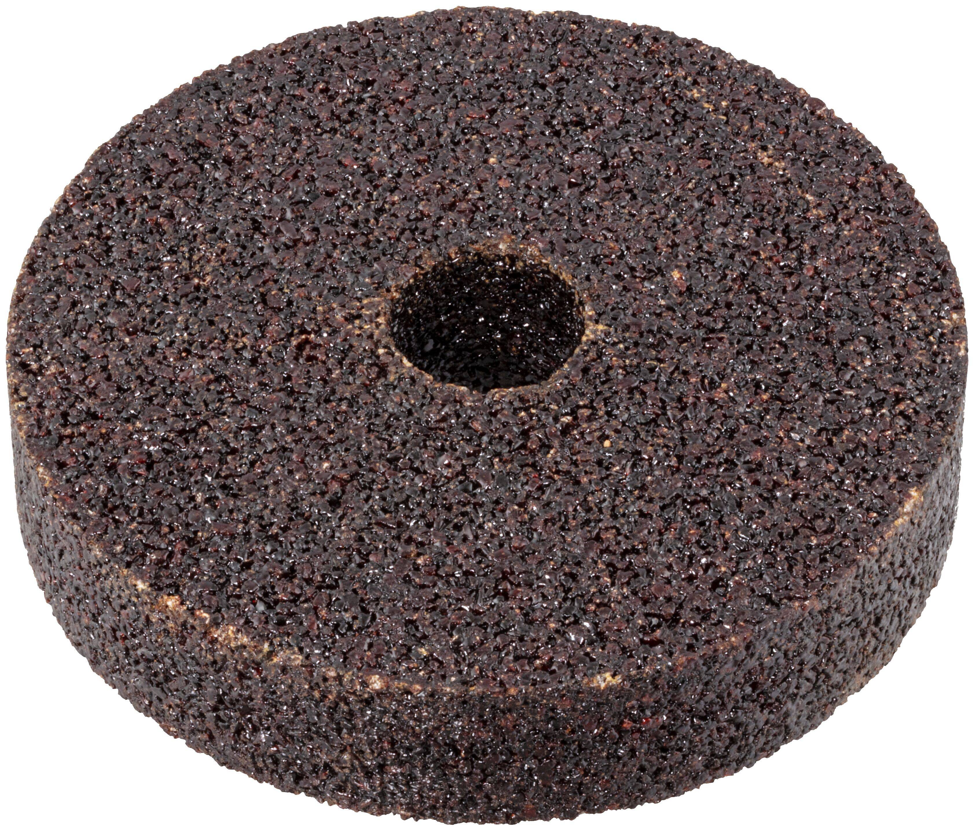 Ein kreisförmiges, strukturiertes braunes Schleifrad mit einem Loch in der Mitte, das zum Schärfen oder Schneiden harter Materialien verwendet wird.