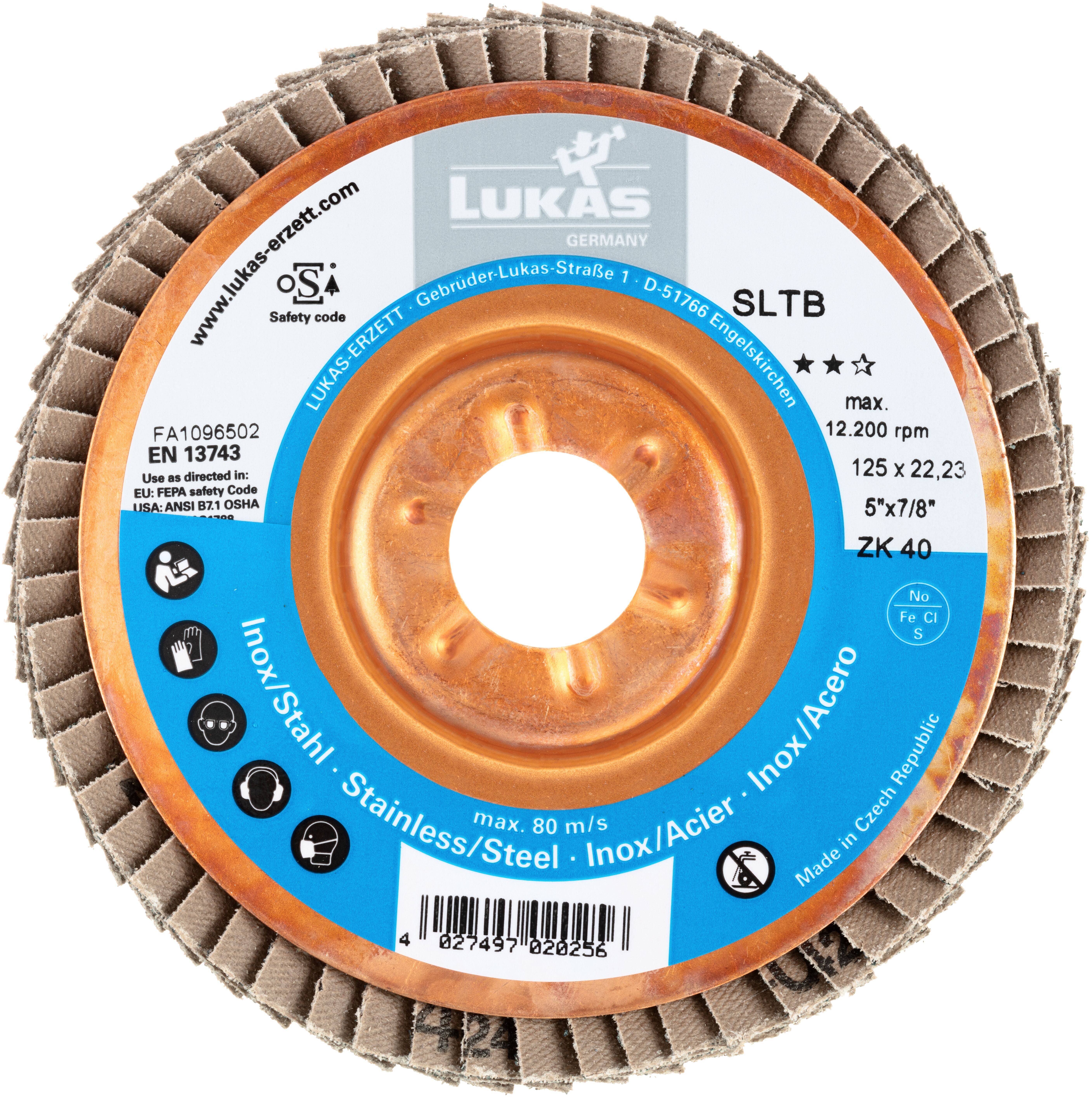 Kreisförmige Schleiflamellenscheibe mit Kupfernabe, beschriftet mit 'LUKAS', entwickelt zum Polieren von Edelstahl bei einer maximalen Drehzahl von 12.200 U/min.