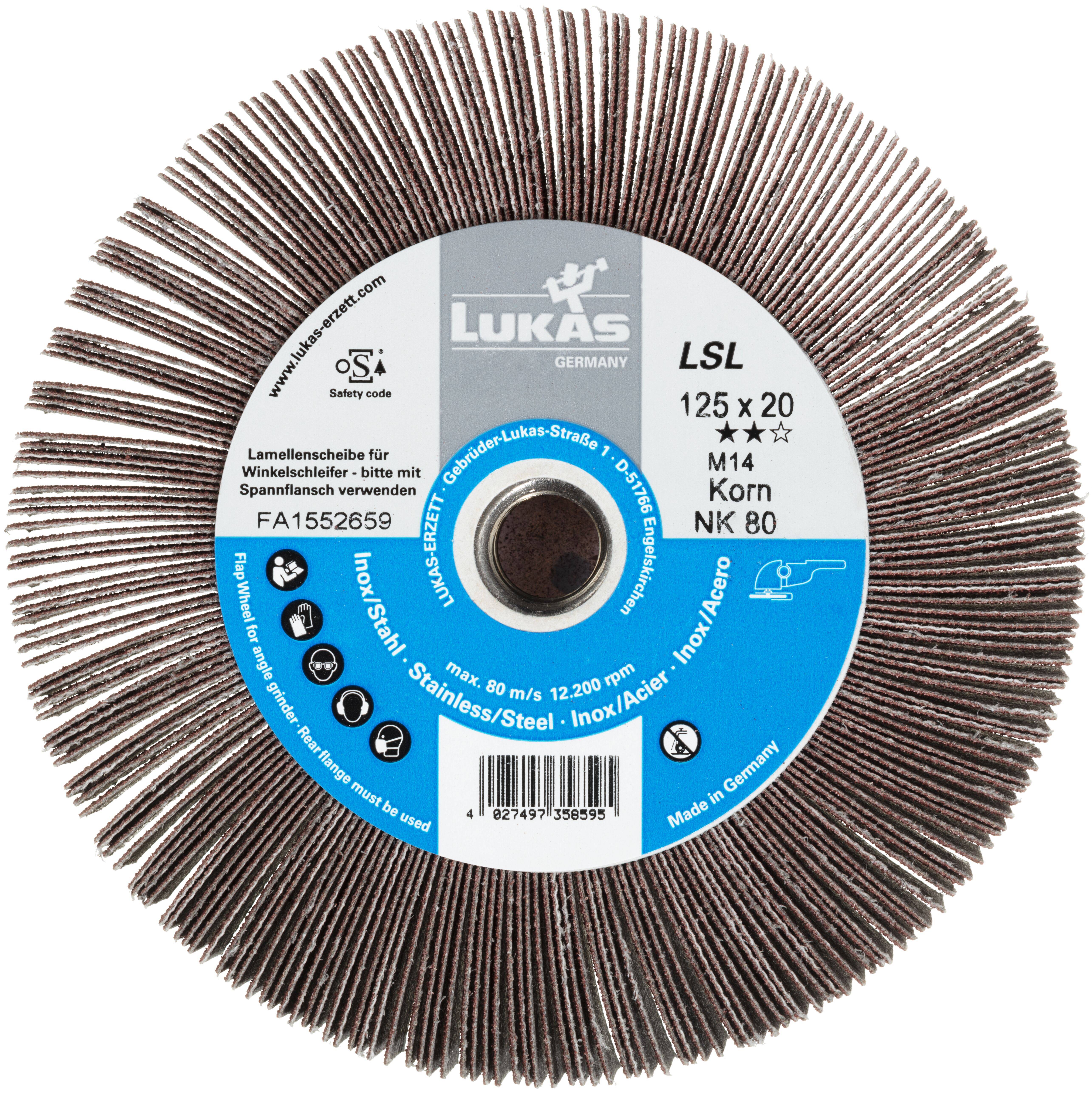 Lamellenschleifscheibe mit Beschriftung 'Lukas LSL 125 x 20 M14 Korn NK 80.' Materialhinweise: Edelstahl, Inox, Edelstahl, Inox, Edelstahl.