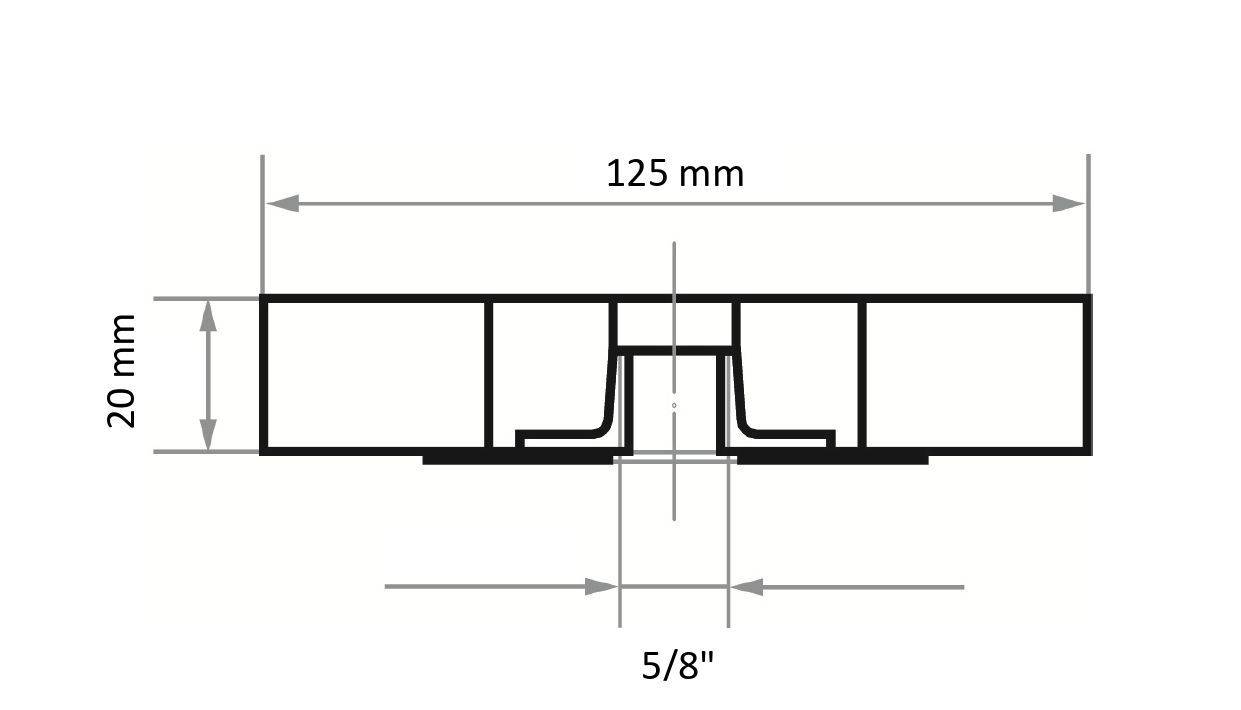 Querschnittsdiagramm eines Objekts mit beschrifteten Abmessungen: Breite 125 mm, Höhe 20 mm und ein zentraler Abschnitt, markiert als 5/8 Zoll.
