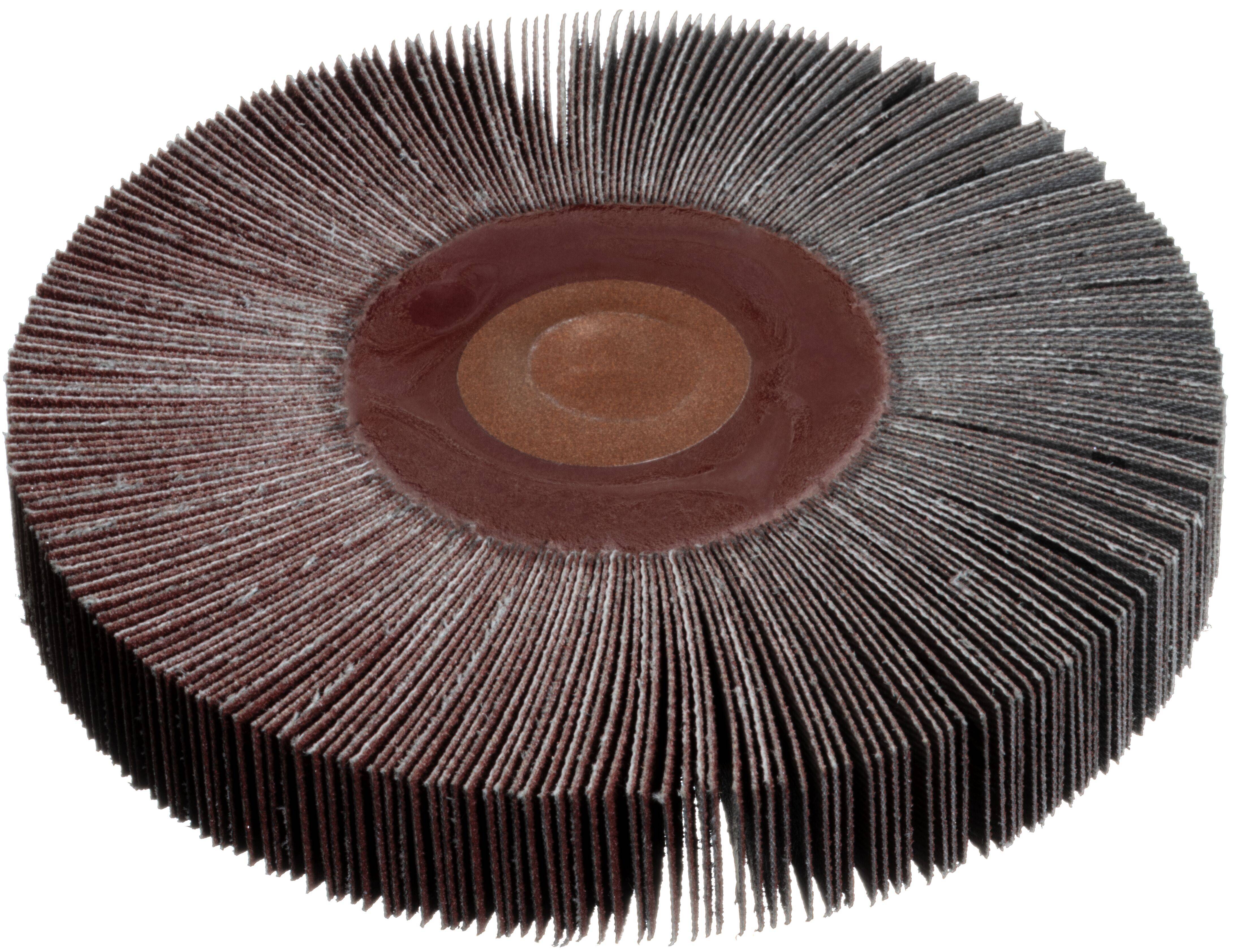 Eine kreisförmige Schleiflamellenscheibe mit überlappenden Schleiflamellen, die zum Schleifen und Bearbeiten von Oberflächen verwendet wird.