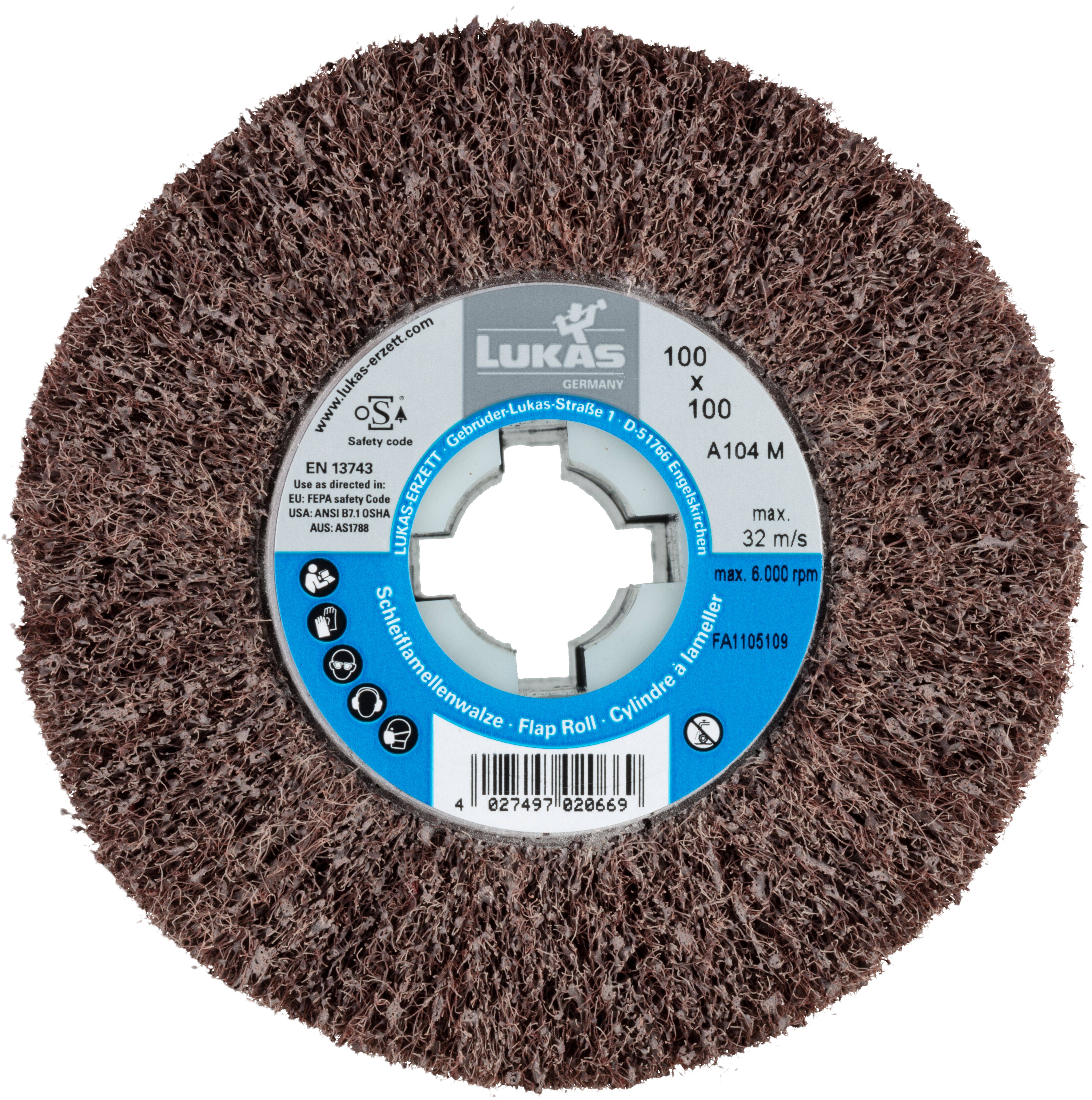 LUKAS-ERZETT A22861001000106 Schleifvlies-Lamellenwalze LWV universal 100x100mm mit Bohrung 19mm | Korund Korn 180 1St.