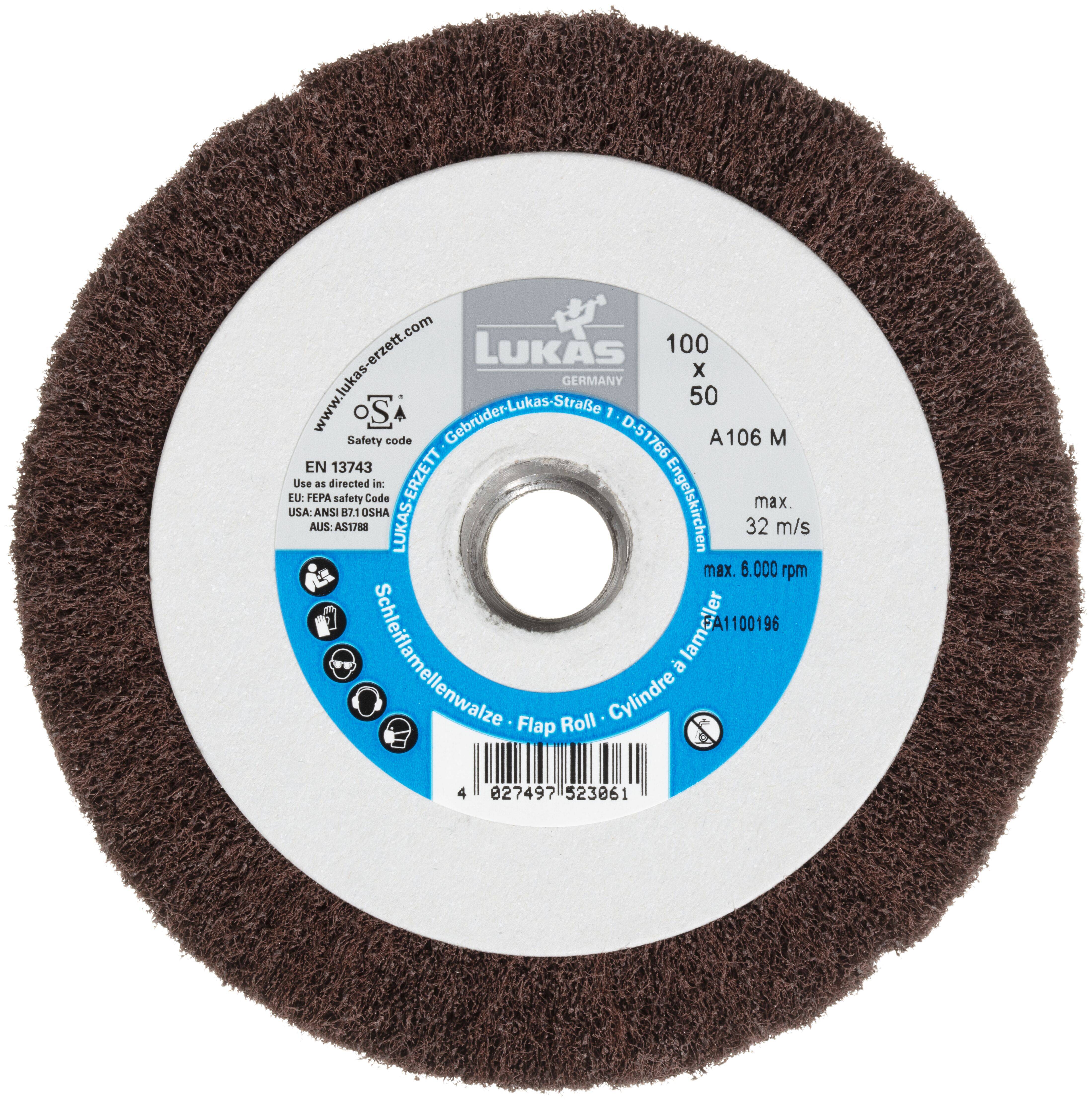 LUKAS-ERZETT A2286100501106 Schleifvlies-Lamellenwalze LWV universal 100x51mm mit Innengewinde M14 | Korund Korn 180 2St.