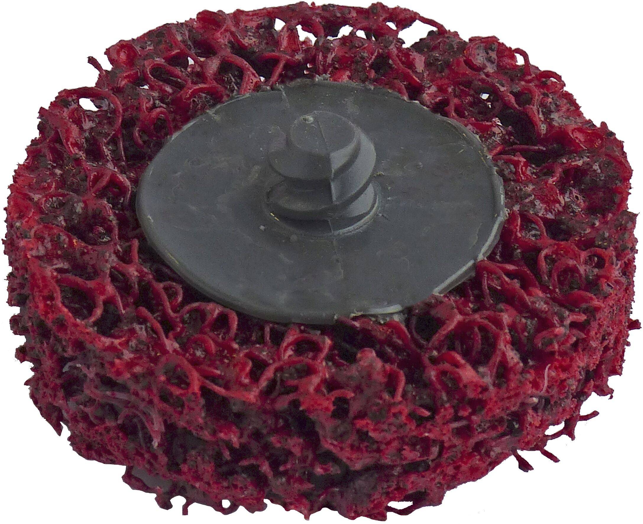 Ein roter Schleifdisc mit Kunststoffzentrum zum Schleifen oder Polieren von Oberflächen.