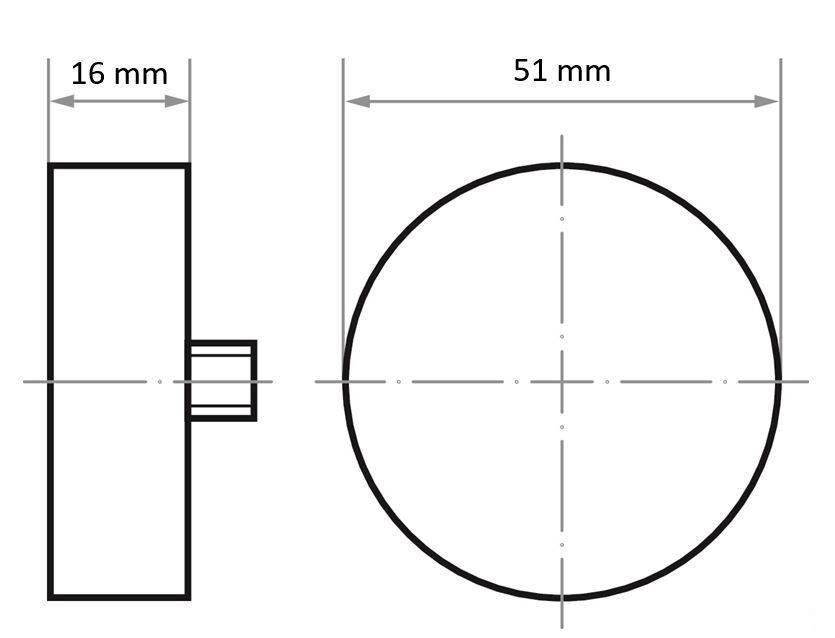 Technische Zeichnung eines zylindrischen Objekts. Seitenansicht zeigt eine Höhe von 16 mm, Frontansicht zeigt einen Durchmesser von 51 mm mit Fadenkreuz.