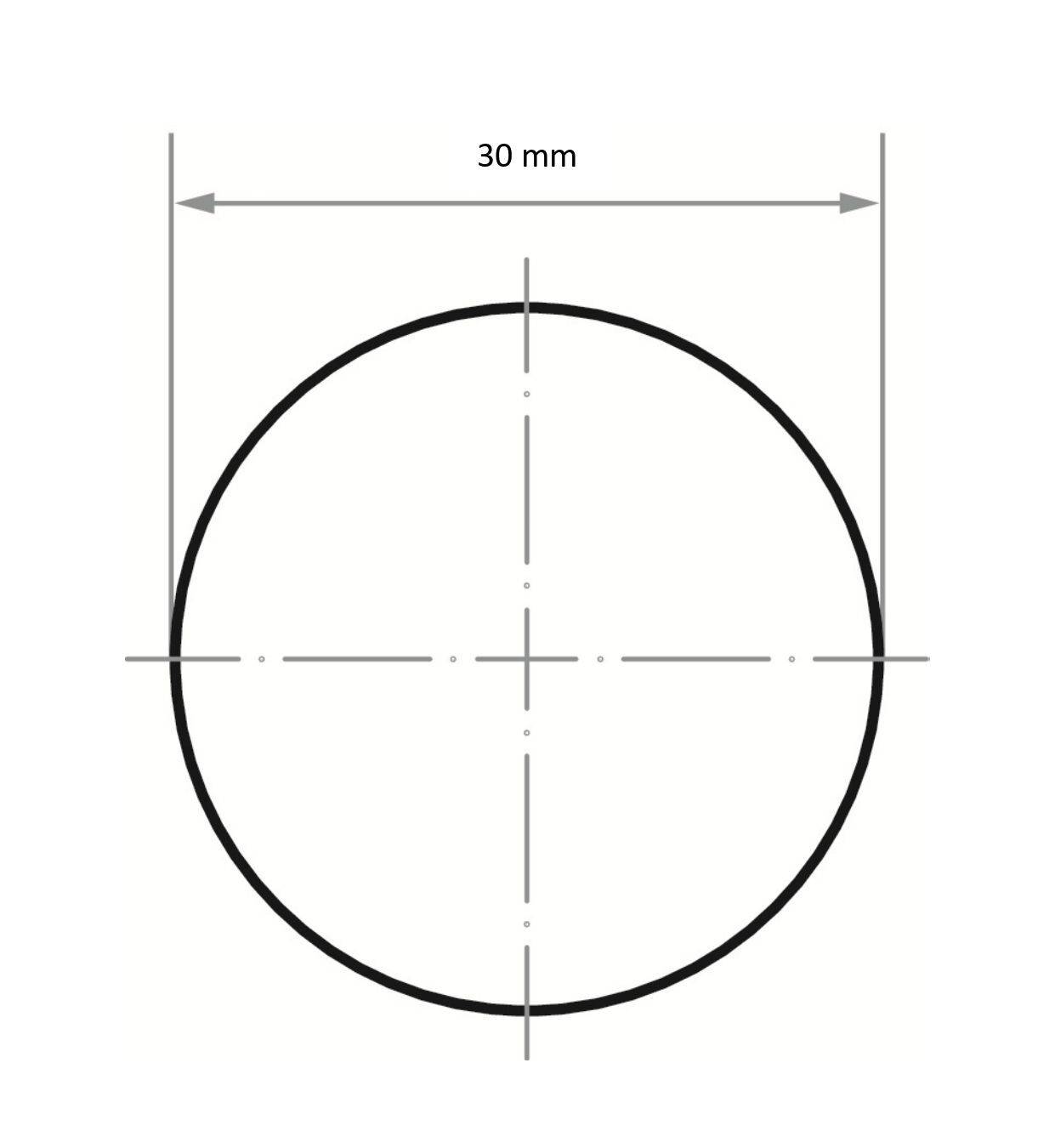 Ein Kreis mit einem Durchmesser von '30 mm', zentriert auf horizontalen und vertikalen Achsen, mit Maßlinien zur Dimensionsbestimmung.
