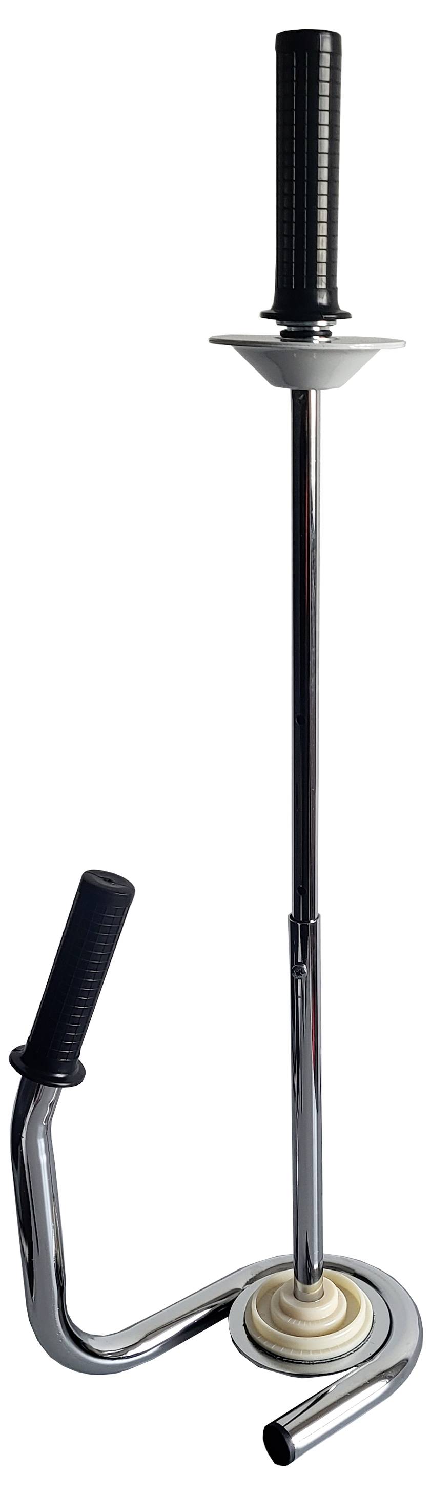 Ein manuelles Schuhspanner-Werkzeug mit vertikalem Griff, horizontalen Halterungen und einer kreisförmigen Basis.