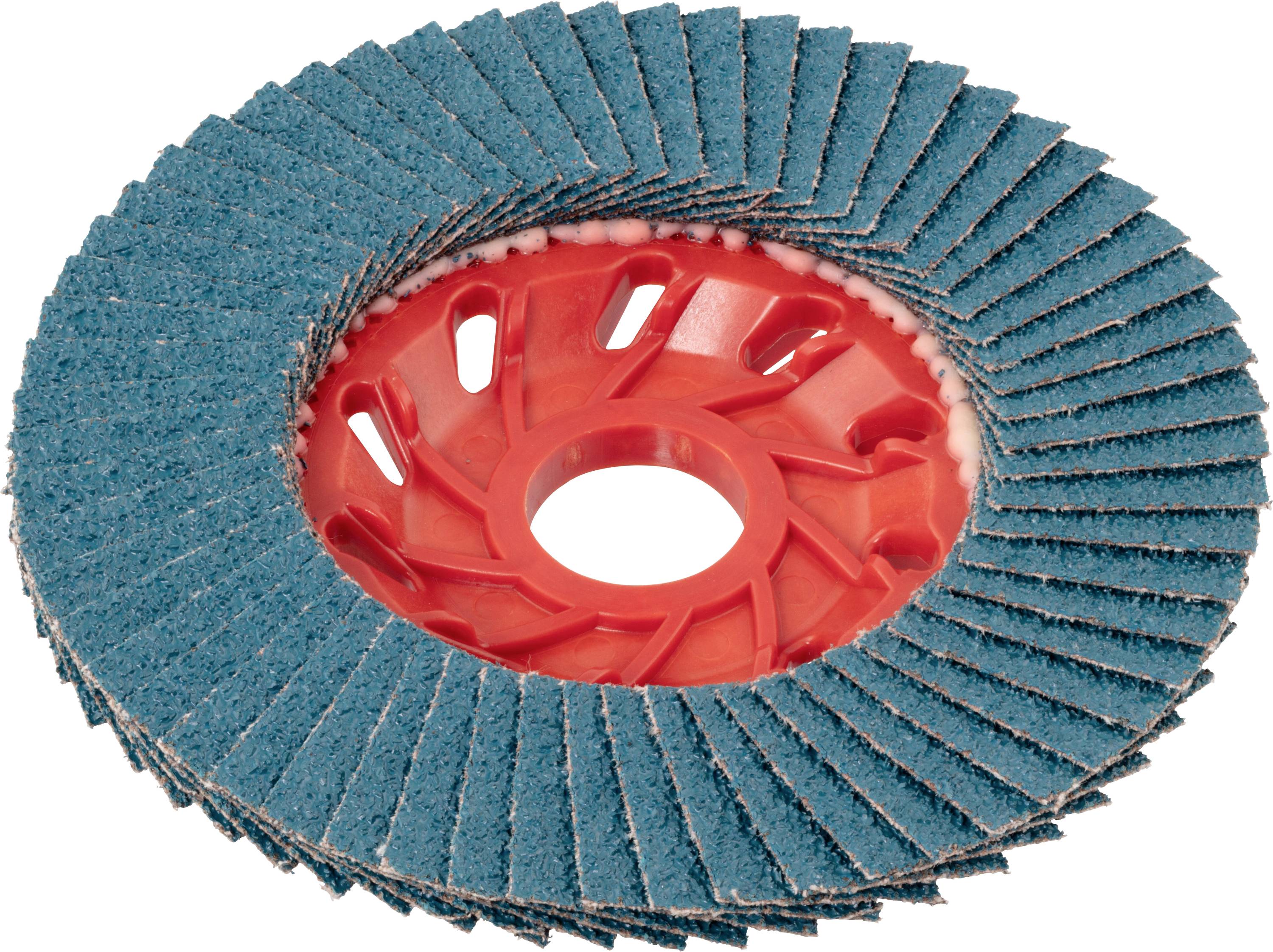 Eine runde Schleiffächerscheibe mit roter Kunststoffrückseite und abwechselnd angeordneten blauen Lamellen zum Schleifen oder Abrasieren von Oberflächen.