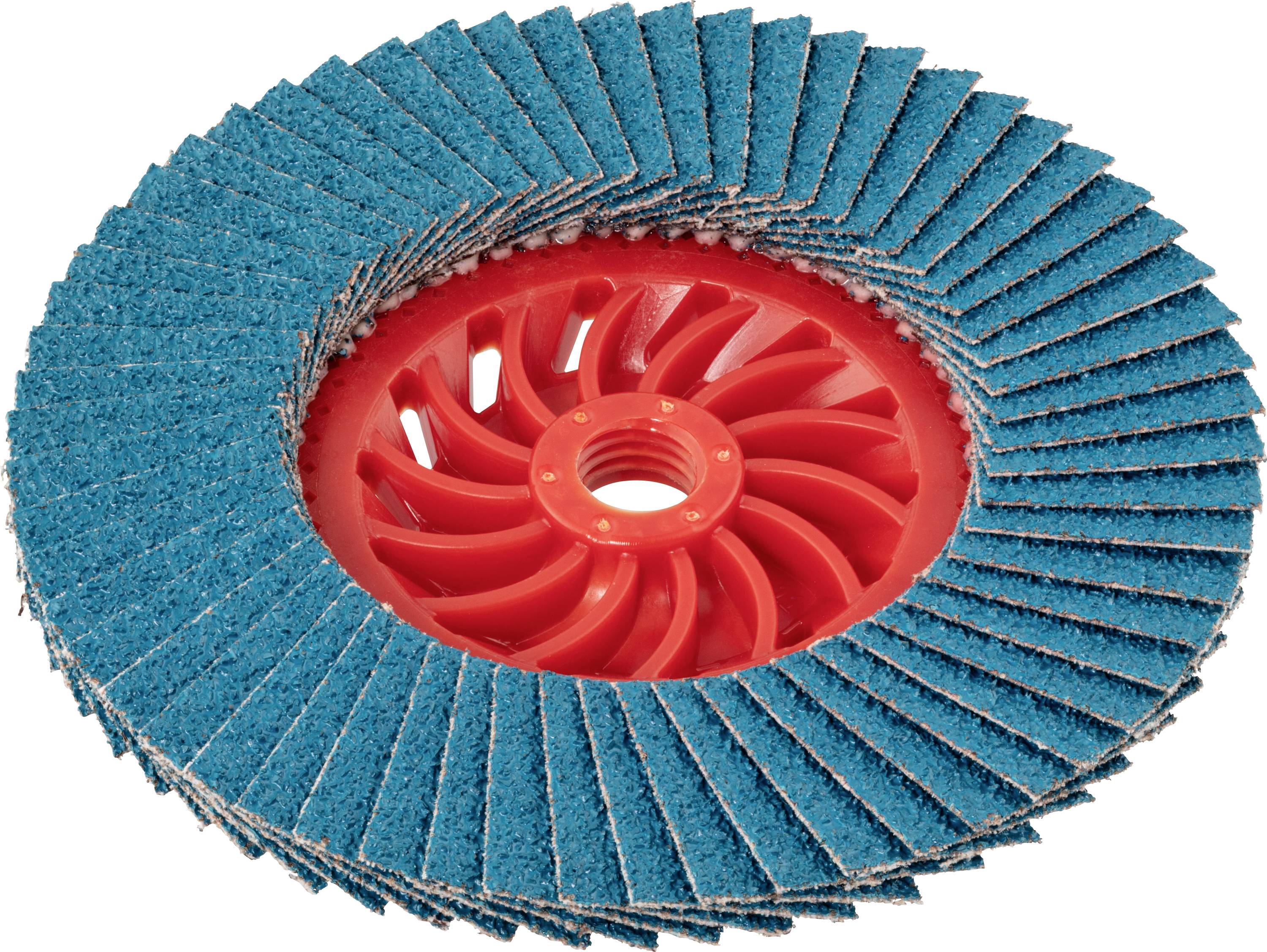 Schleiffächerscheibe mit blauem Schleifpapier und rotem Kunststoffträger, verwendet zum Schleifen und Finish von Metalloberflächen.