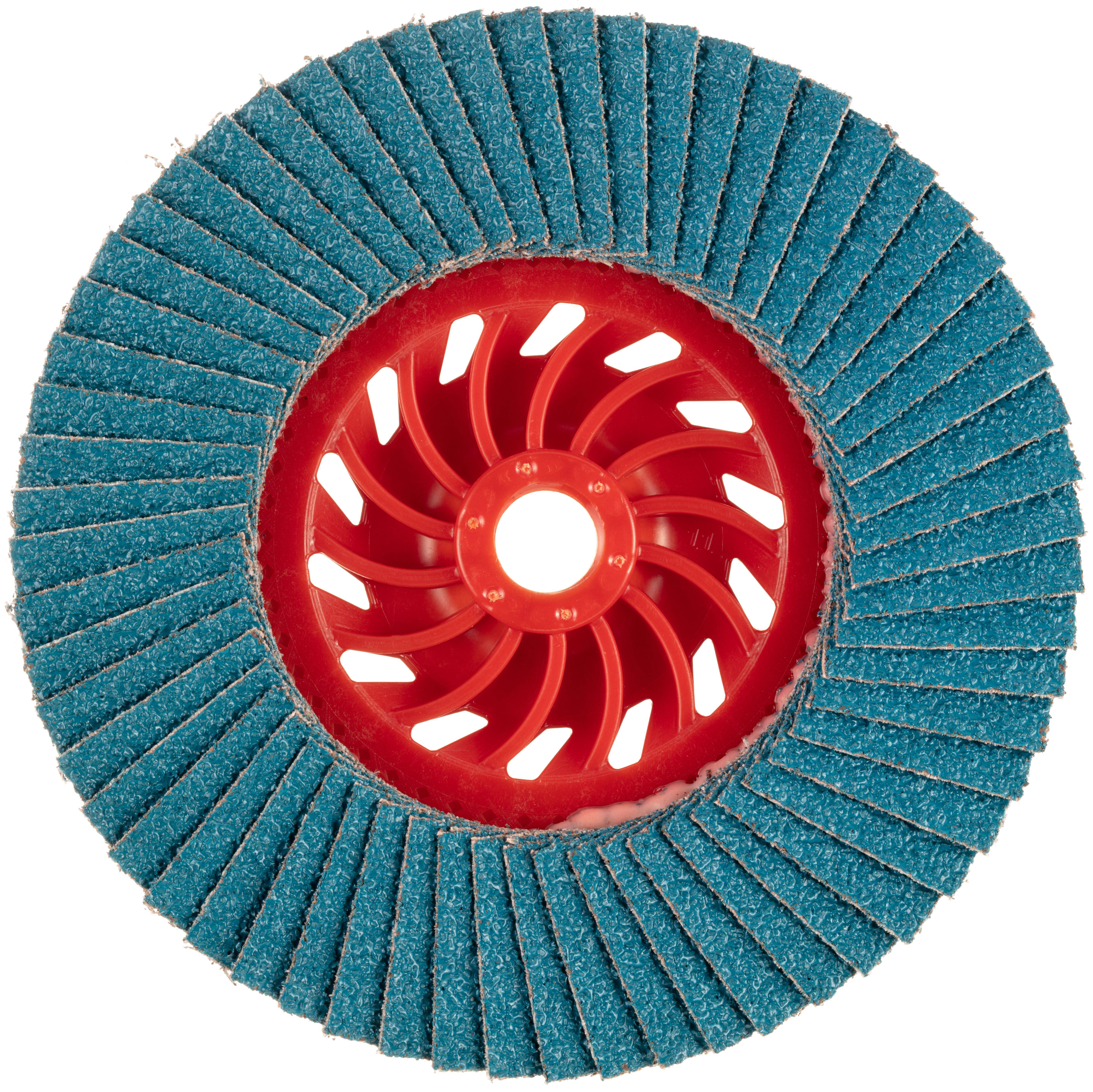 Eine rote Schleifscheibe mit überlappenden blauen Schleiflamellen, die zum Schleifen oder Glätten von Oberflächen verwendet wird.