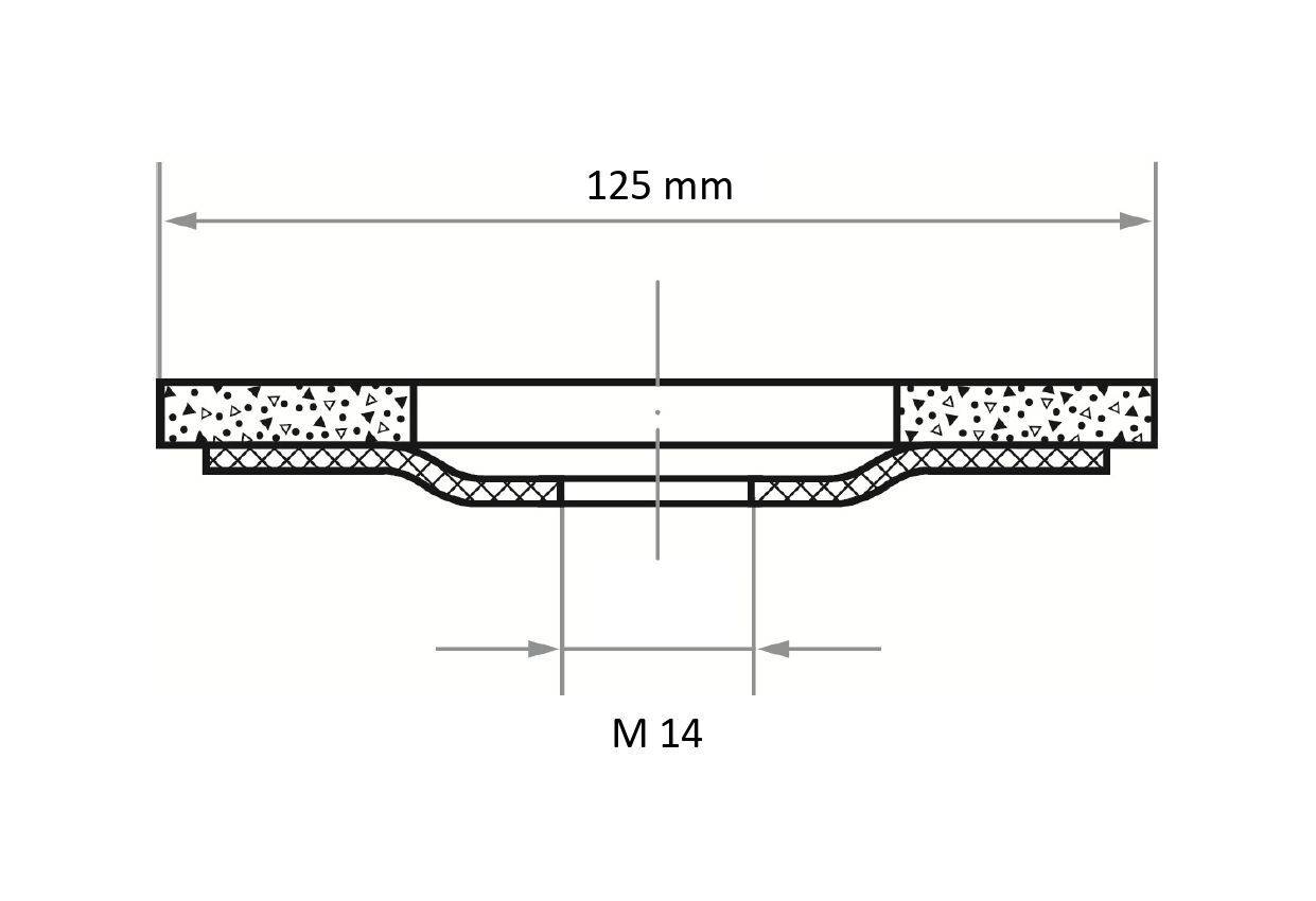 Schnittansicht eines mechanischen Bauteils mit Maßangaben. Die Breite beträgt 125 mm, und ein zentrales Loch ist mit 'M 14' gekennzeichnet.