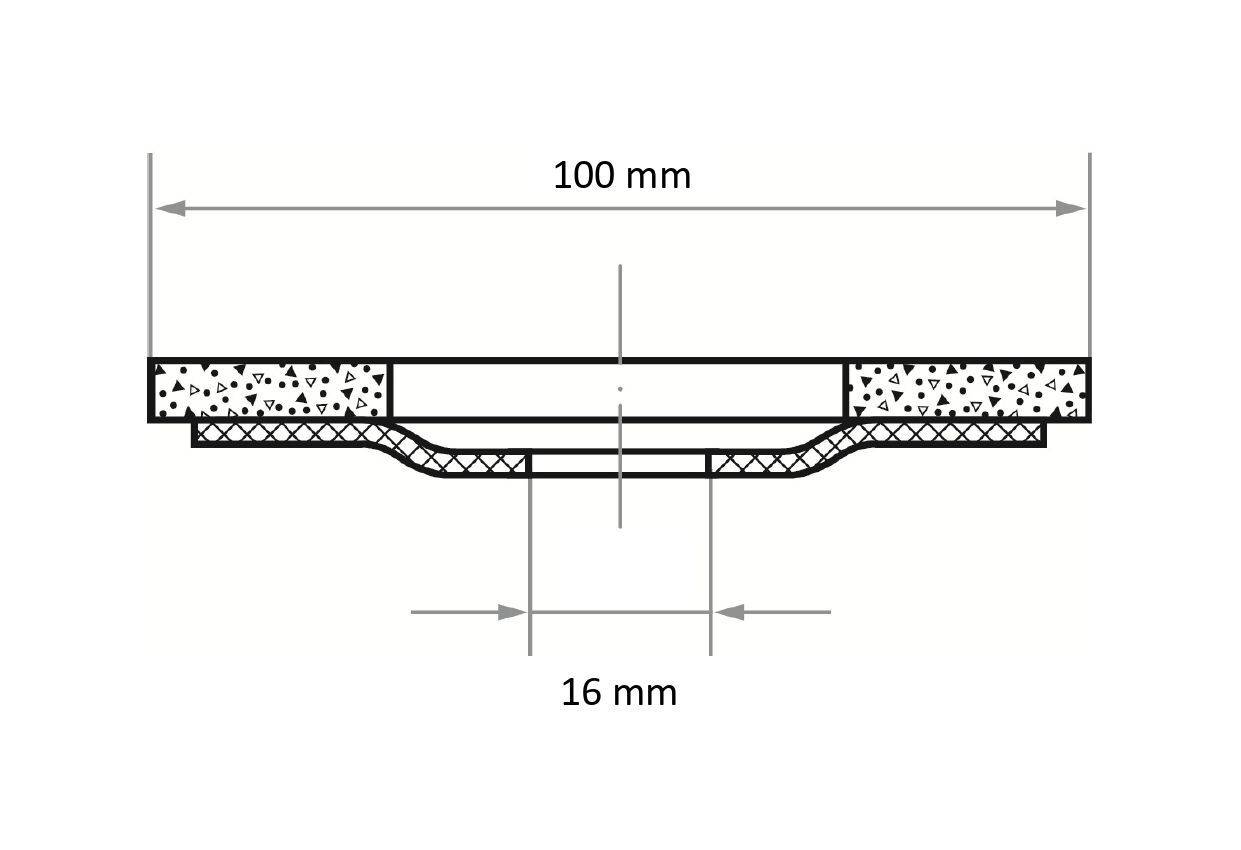 Querschnittsdiagramm einer flachen Komponente mit einer Breite von 100 mm und einer Tiefe von 16 mm. Texturen zeigen verschiedene Materialschichten.