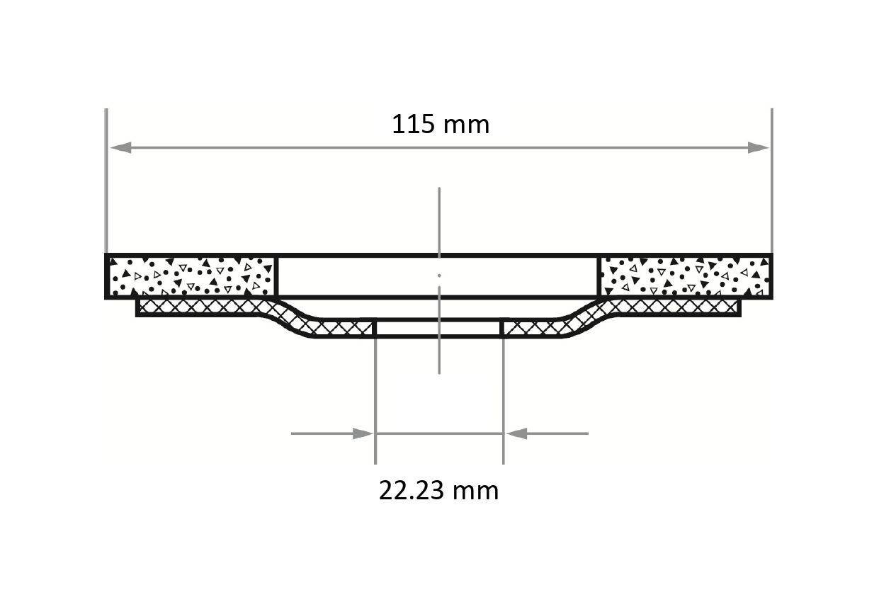 Querschnittsdiagramm eines Konstruktionsbauteils, das eine Breite von 115 mm und eine zentrale Vertiefung von 22,23 mm zeigt, mit gekennzeichneten Schichten.