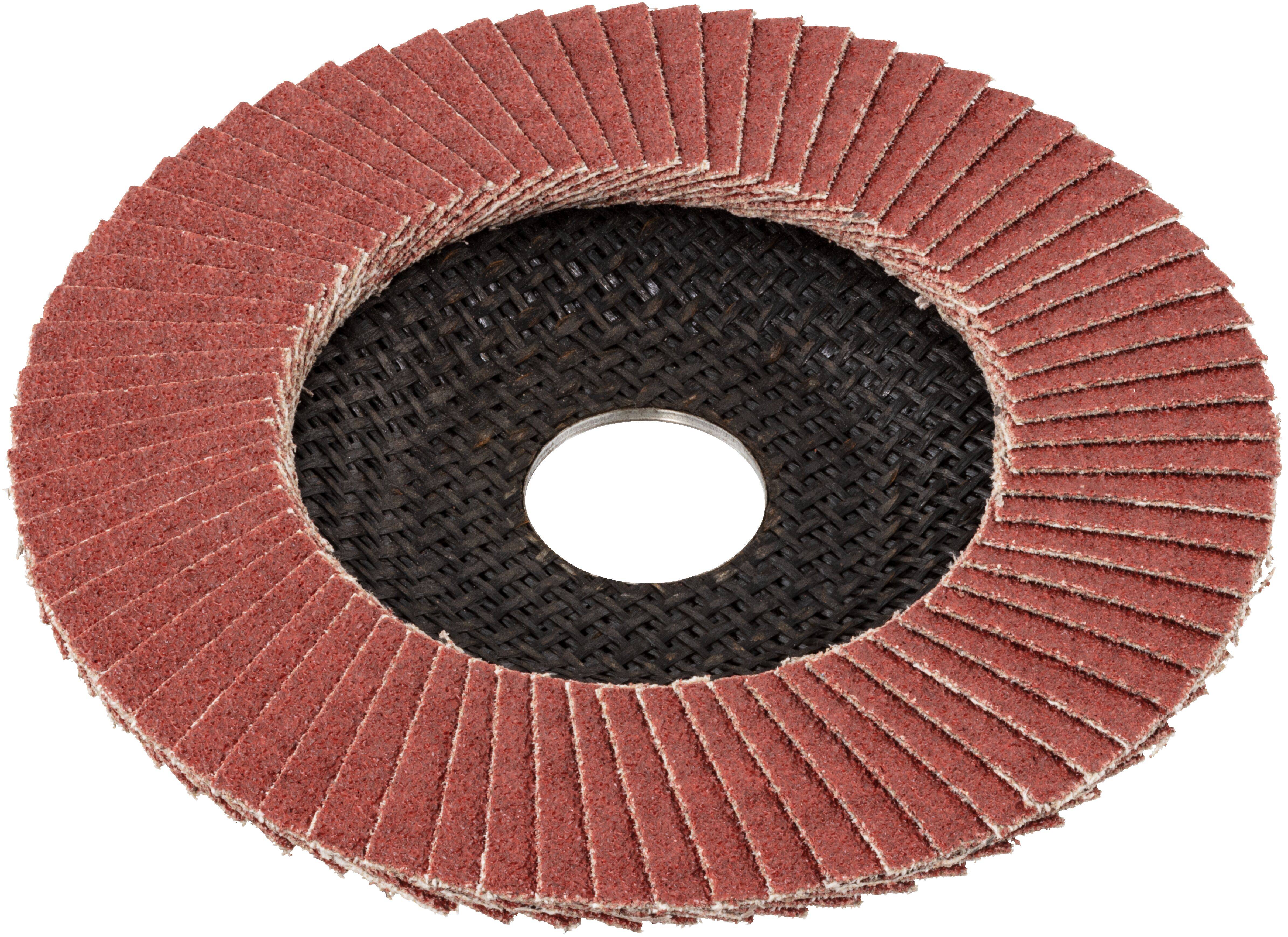Eine rote Lamellenscheibe mit überlappenden Schleiflamellen, die in einem kreisförmigen Muster angeordnet sind und zum Glätten und Finishing von Metalloberflächen verwendet wird.