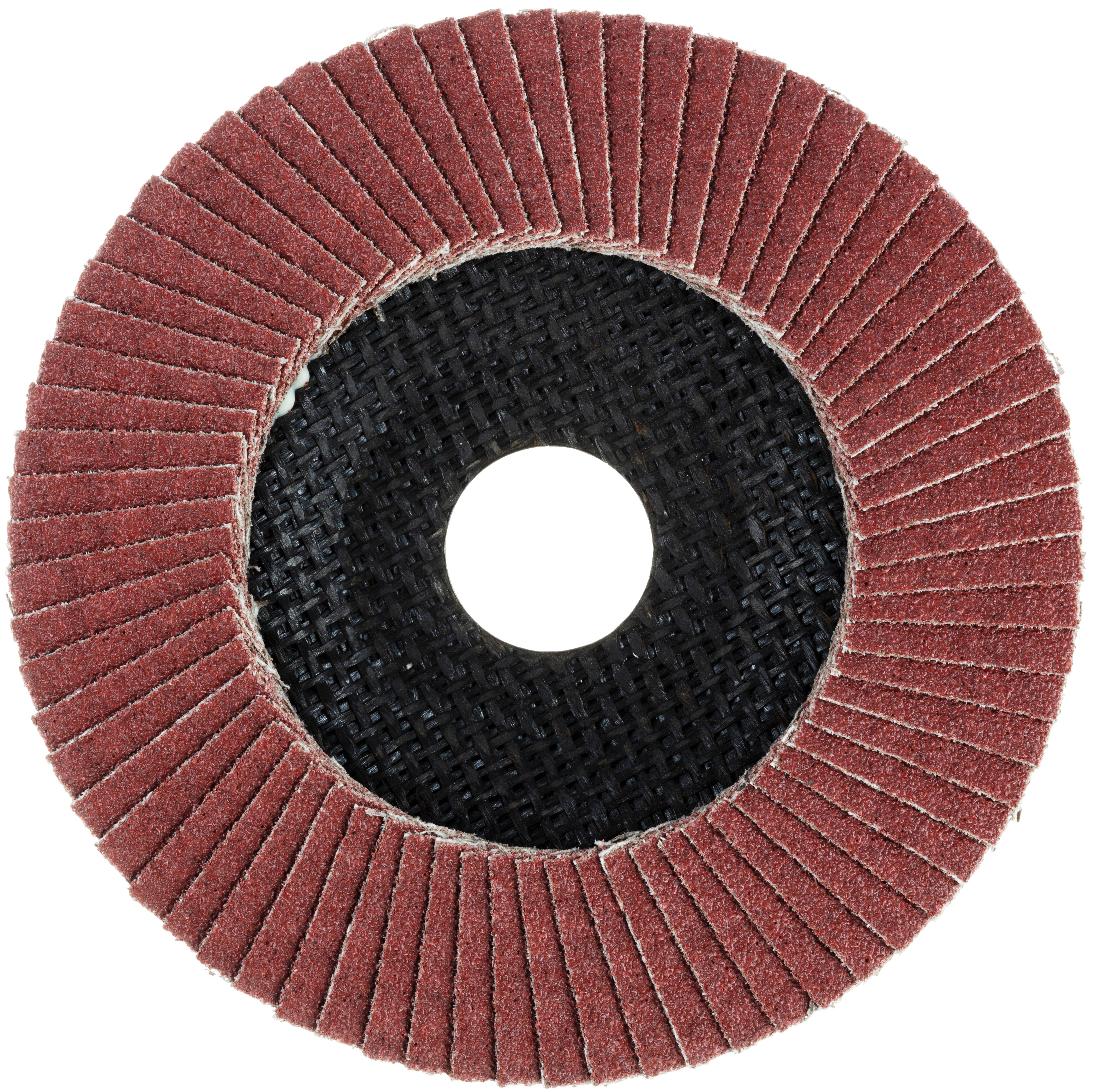 Eine Nahaufnahme einer kreisförmigen Lamellenschleifscheibe mit roten Schleiflamellen und einem schwarzen Zentralnabe. Verwendet zum Schleifen oder Bearbeiten von Oberflächen.