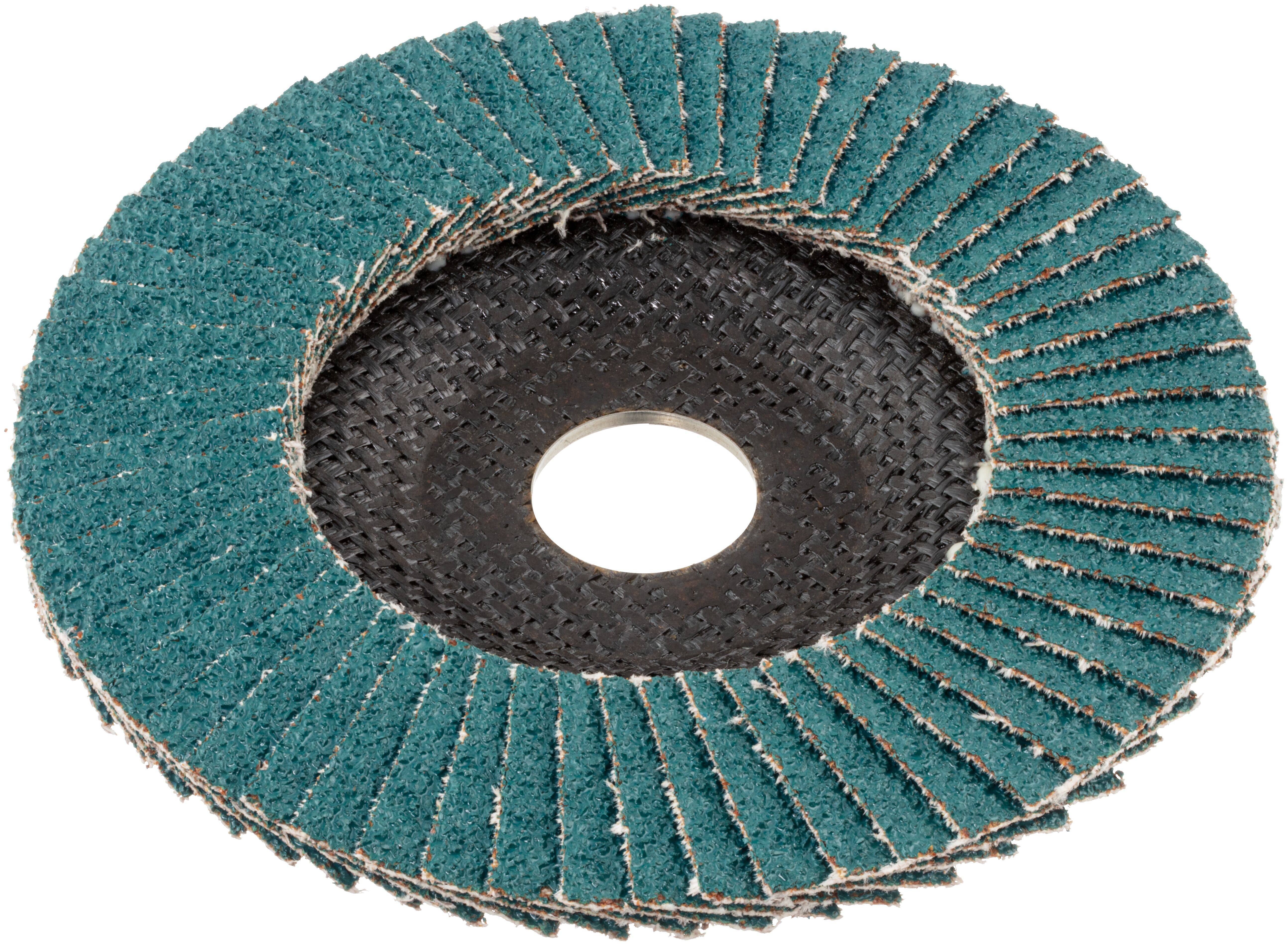 Ein blauer Lamellenschleifteller mit überlappenden Schleiflamellen, die radial um einen kreisförmigen Mittelpunkt angeordnet sind, zum Schleifen und Finish-Bearbeiten.