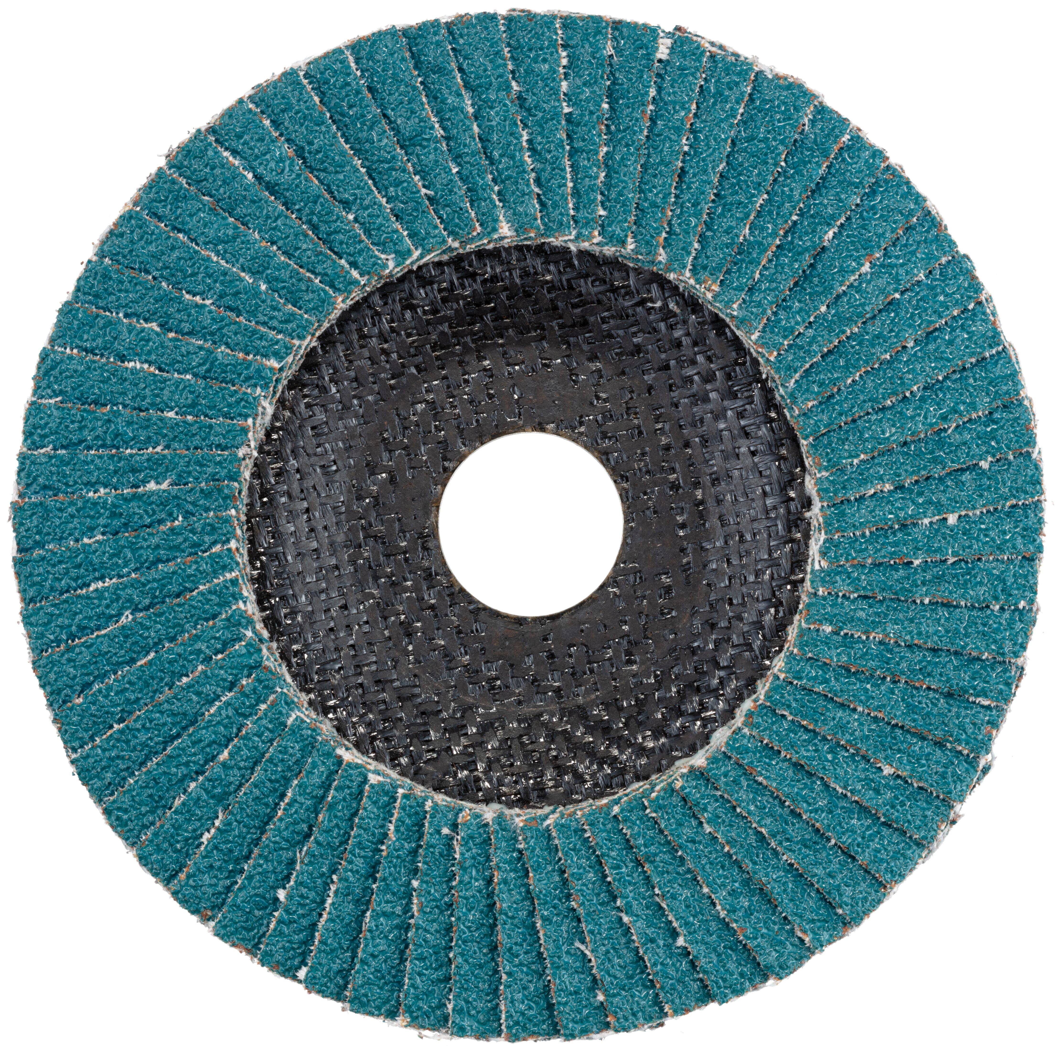 Eine kreisförmige Schleiflamellenscheibe mit blauen Schleifschichten, die um einen schwarzen Kern angeordnet sind, verwendet zur Oberflächen-Veredelung von Metall und Holz.