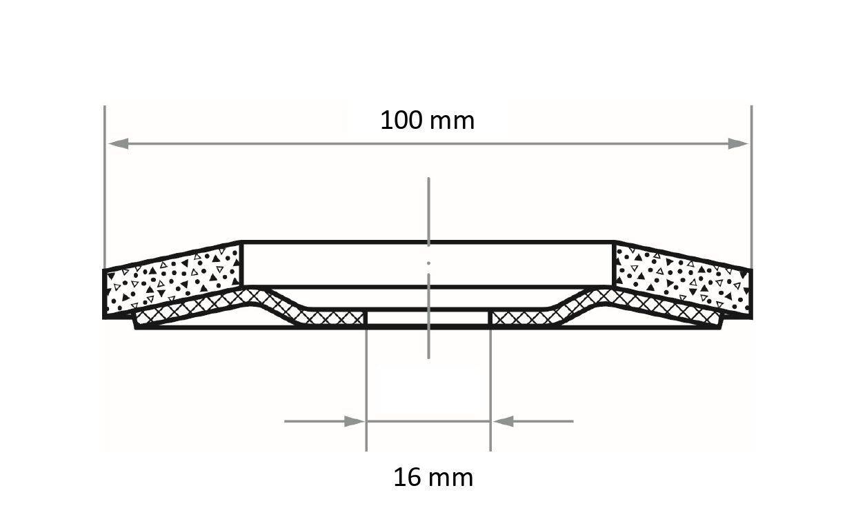 Querschnittsdiagramm einer Straßenstruktur. Zeigt Schichten mit einer Oberbreite von 100 mm und einer Unterbreite von 16 mm, mit Details zur Konstruktion.